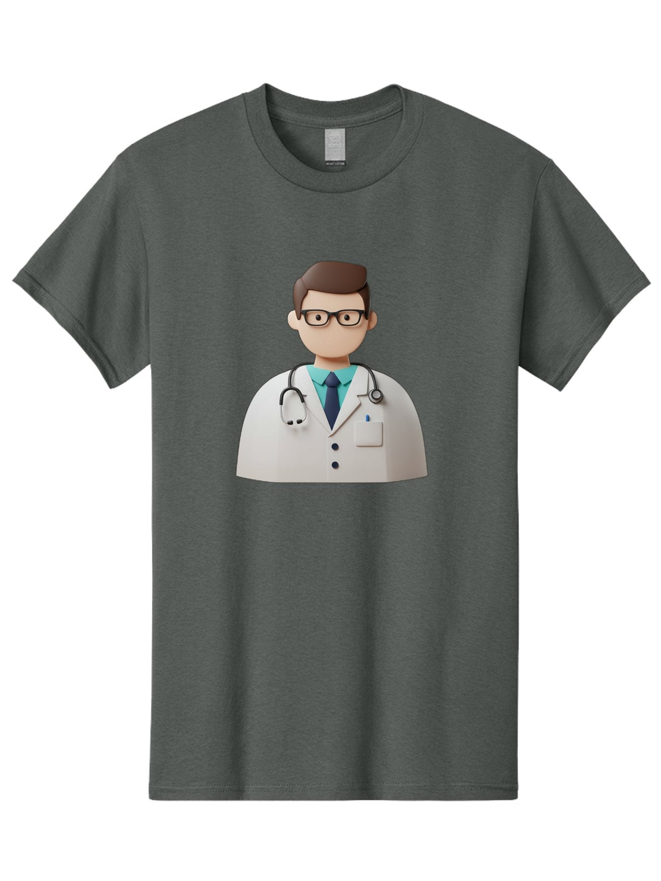 Doctor-5 Men'S Graphic Tee, 100% Cotton, Comfortable Casual Summer Wear, Machine Washable, 3D Cartoon Doctor, Medical Professional, Stethoscope Around Neck, White Lab Coat, Glasses, Blue Shirt, Dark Blue Tie, Healthcare, Medical Care, Baa460