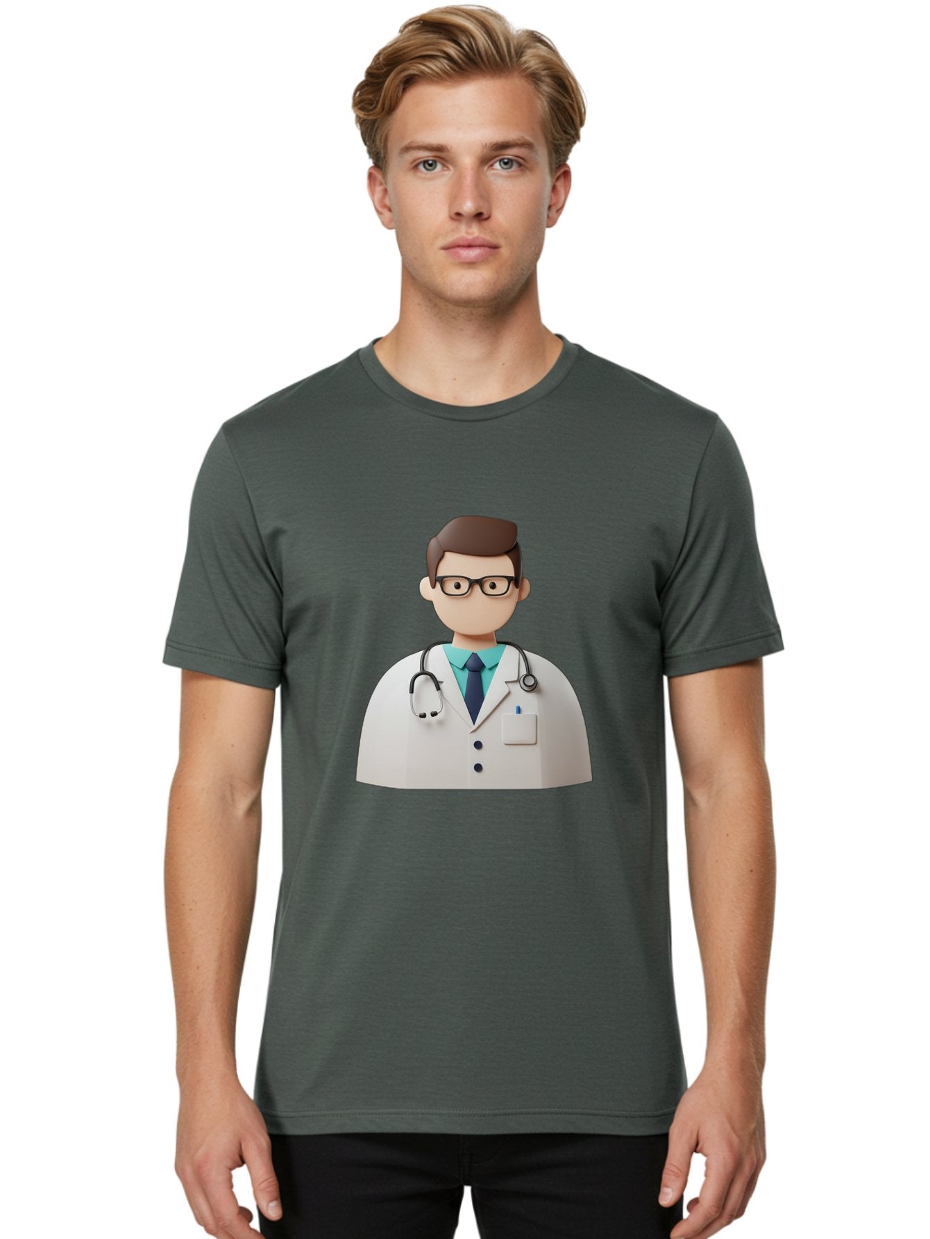 Doctor-5 Men'S Graphic Tee, 100% Cotton, Comfortable Casual Summer Wear, Machine Washable, 3D Cartoon Doctor, Medical Professional, Stethoscope Around Neck, White Lab Coat, Glasses, Blue Shirt, Dark Blue Tie, Healthcare, Medical Care, Baa460 19