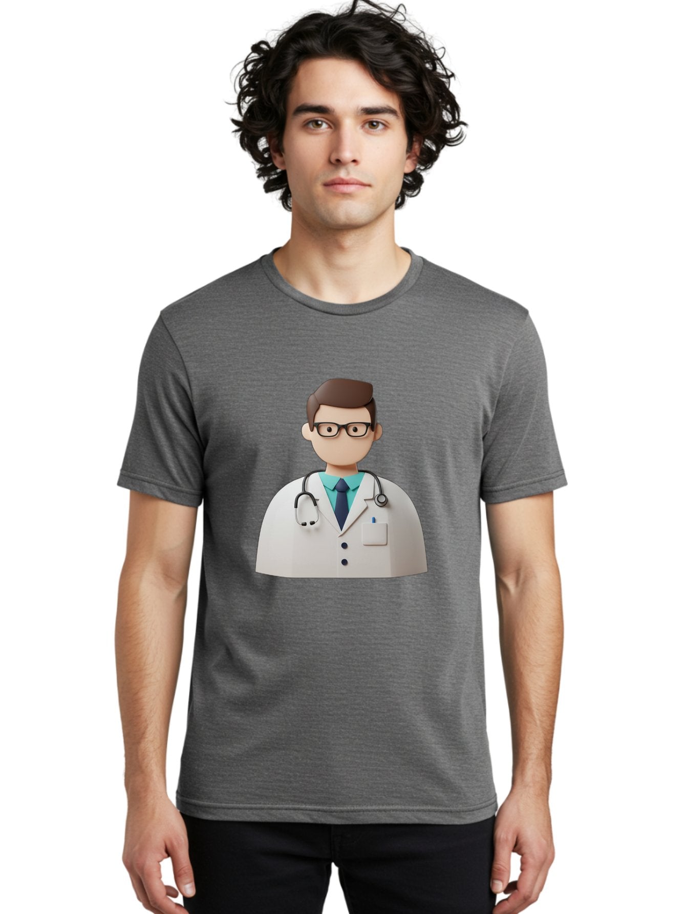 Doctor-5 Men'S Graphic Tee, 100% Cotton, Comfortable Casual Summer Wear, Machine Washable, 3D Cartoon Doctor, Medical Professional, Stethoscope Around Neck, White Lab Coat, Glasses, Blue Shirt, Dark Blue Tie, Healthcare, Medical Care, Baa460 18