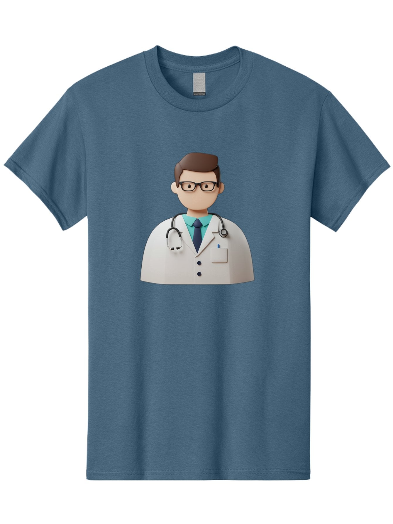Doctor-5 Men'S Graphic Tee, 100% Cotton, Comfortable Casual Summer Wear, Machine Washable, 3D Cartoon Doctor, Medical Professional, Stethoscope Around Neck, White Lab Coat, Glasses, Blue Shirt, Dark Blue Tie, Healthcare, Medical Care, Baa460 3