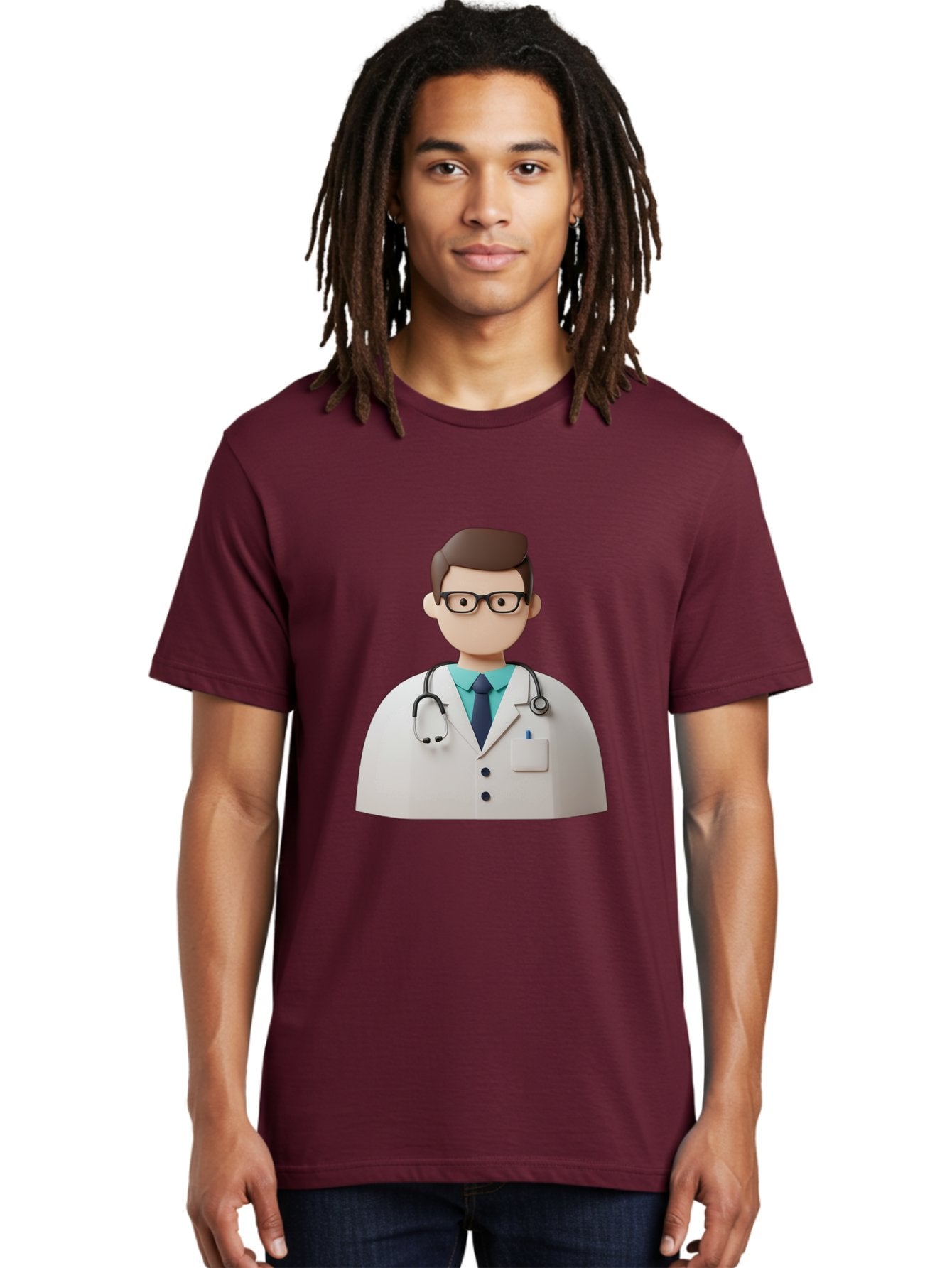 Doctor-5 Men'S Graphic Tee, 100% Cotton, Comfortable Casual Summer Wear, Machine Washable, 3D Cartoon Doctor, Medical Professional, Stethoscope Around Neck, White Lab Coat, Glasses, Blue Shirt, Dark Blue Tie, Healthcare, Medical Care, Baa460 17