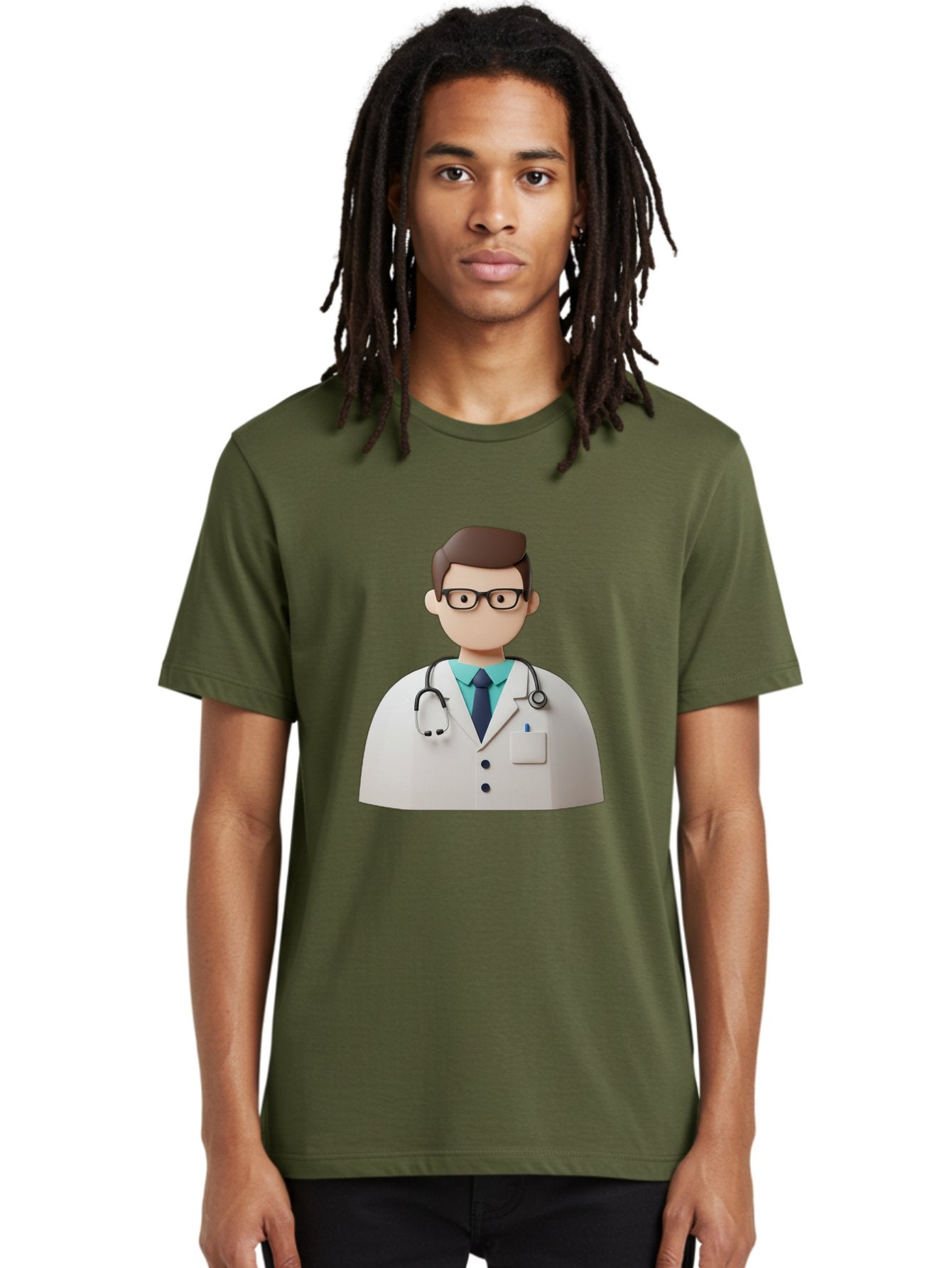 Doctor-5 Men'S Graphic Tee, 100% Cotton, Comfortable Casual Summer Wear, Machine Washable, 3D Cartoon Doctor, Medical Professional, Stethoscope Around Neck, White Lab Coat, Glasses, Blue Shirt, Dark Blue Tie, Healthcare, Medical Care, Baa460 20