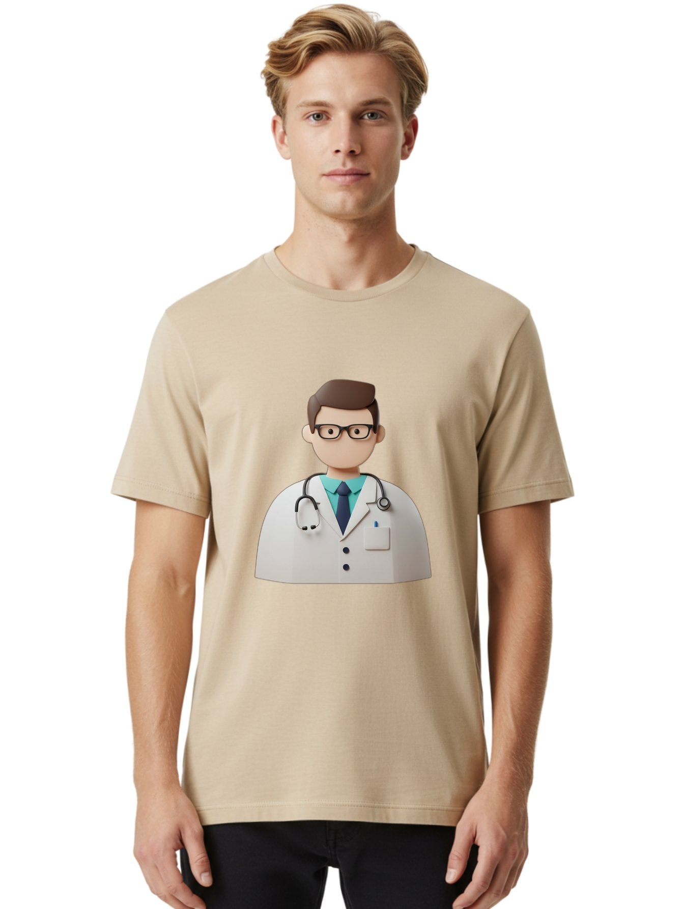 Doctor-5 Men'S Graphic Tee, 100% Cotton, Comfortable Casual Summer Wear, Machine Washable, 3D Cartoon Doctor, Medical Professional, Stethoscope Around Neck, White Lab Coat, Glasses, Blue Shirt, Dark Blue Tie, Healthcare, Medical Care, Baa460 30