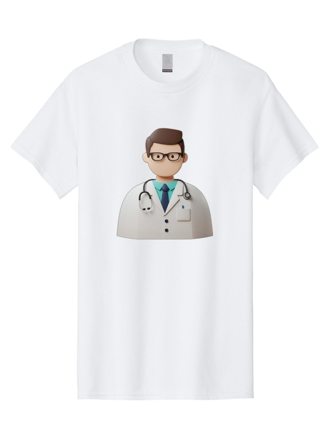 Doctor-5 Men'S Graphic Tee, 100% Cotton, Comfortable Casual Summer Wear, Machine Washable, 3D Cartoon Doctor, Medical Professional, Stethoscope Around Neck, White Lab Coat, Glasses, Blue Shirt, Dark Blue Tie, Healthcare, Medical Care, Baa460