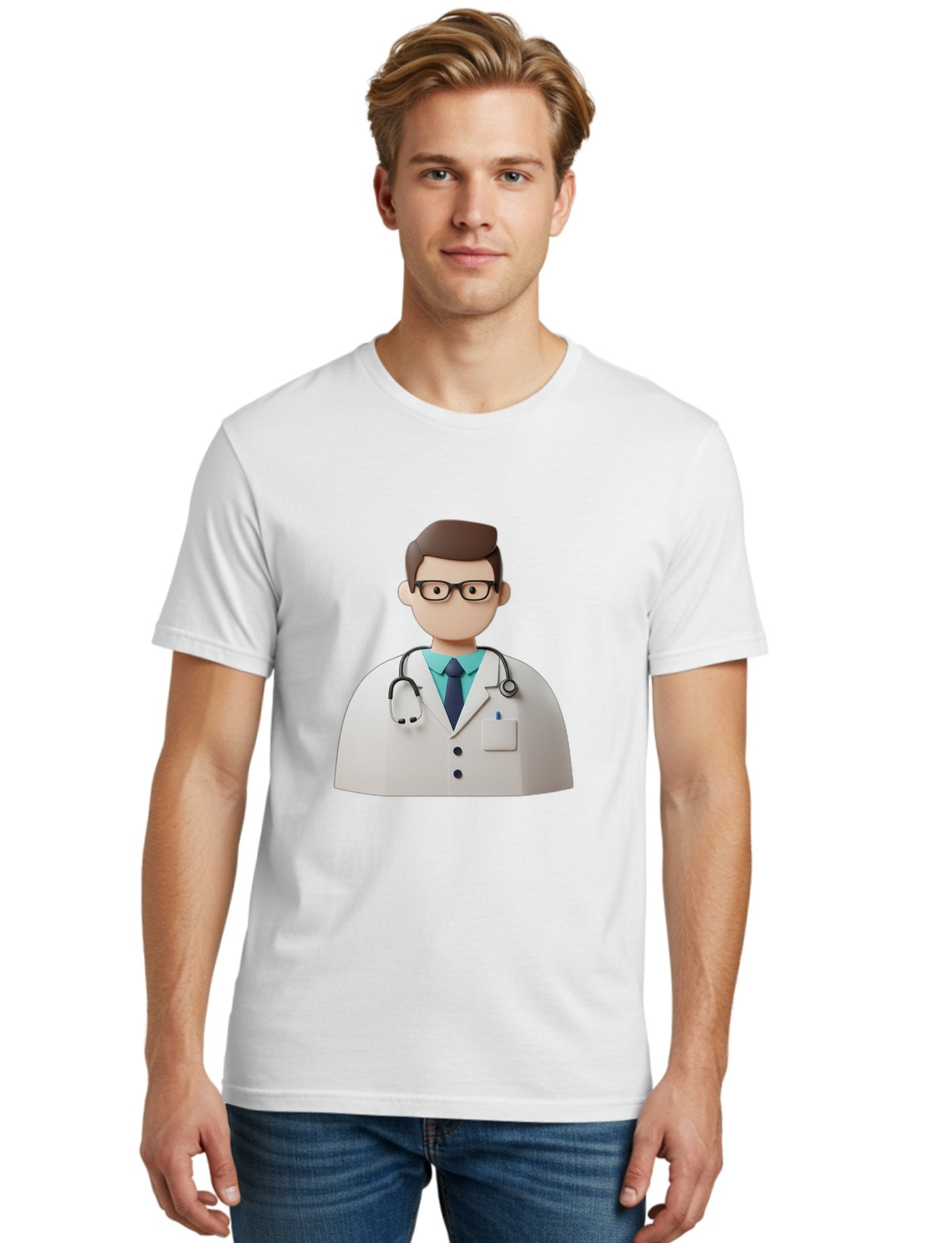 Doctor-5 Men'S Graphic Tee, 100% Cotton, Comfortable Casual Summer Wear, Machine Washable, 3D Cartoon Doctor, Medical Professional, Stethoscope Around Neck, White Lab Coat, Glasses, Blue Shirt, Dark Blue Tie, Healthcare, Medical Care, Baa460 21