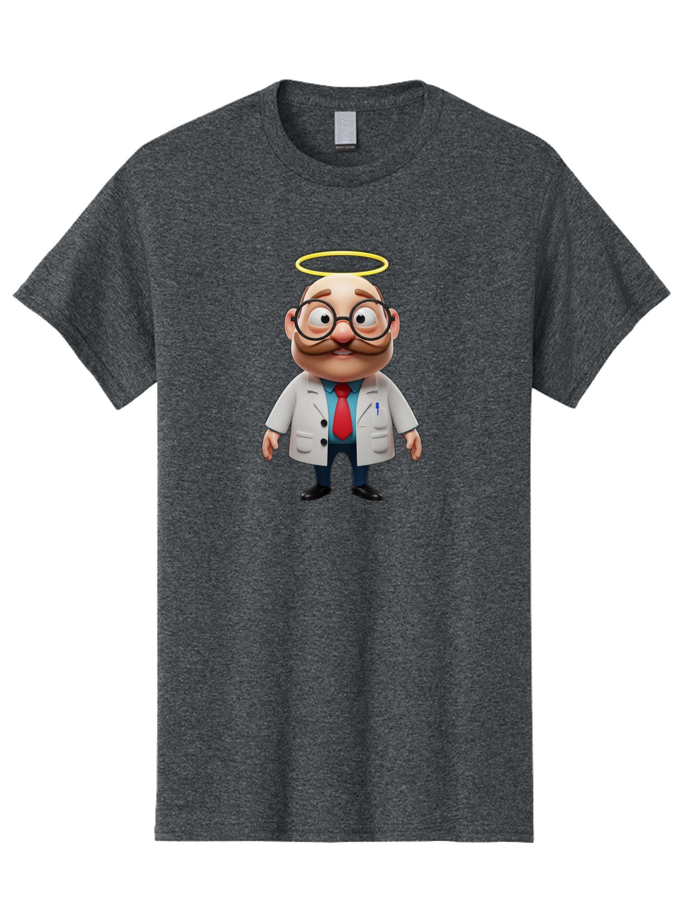 Doctor-Angel Men'S Graphic Tee, 100% Cotton, Comfortable Casual Summer Wear, Machine Washable, Cartoon Doctor, 3D Character, Bald Man, White Lab Coat, Red Tie, Blue Shirt, Black Shoes, Round Glasses, Mustache, Halo, Saintly Figure, Baa465 9