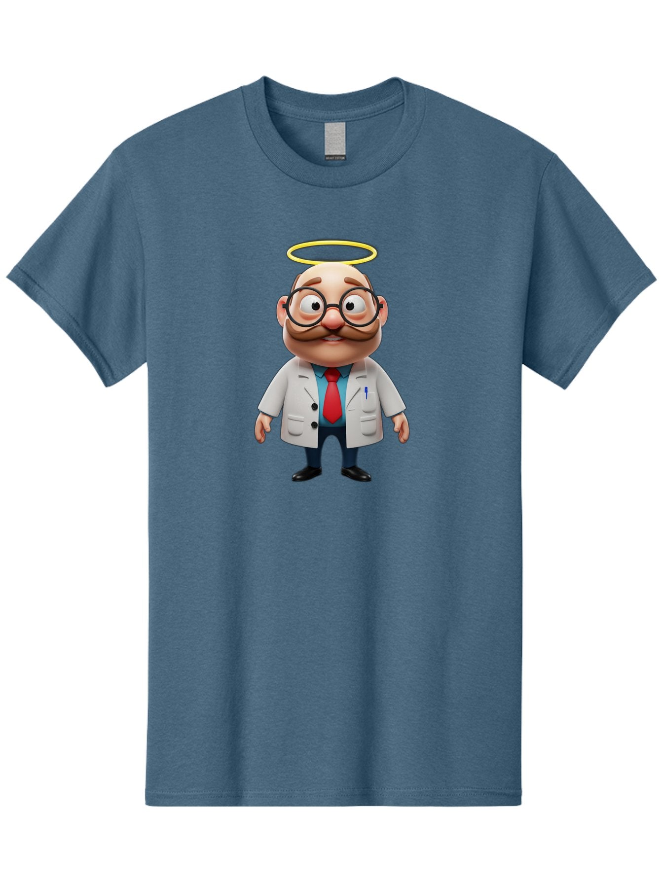 Doctor-Angel Men'S Graphic Tee, 100% Cotton, Comfortable Casual Summer Wear, Machine Washable, Cartoon Doctor, 3D Character, Bald Man, White Lab Coat, Red Tie, Blue Shirt, Black Shoes, Round Glasses, Mustache, Halo, Saintly Figure, Baa465