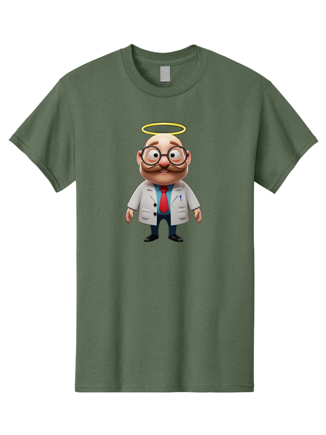 Doctor-Angel Men'S Graphic Tee, 100% Cotton, Comfortable Casual Summer Wear, Machine Washable, Cartoon Doctor, 3D Character, Bald Man, White Lab Coat, Red Tie, Blue Shirt, Black Shoes, Round Glasses, Mustache, Halo, Saintly Figure, Baa465 4