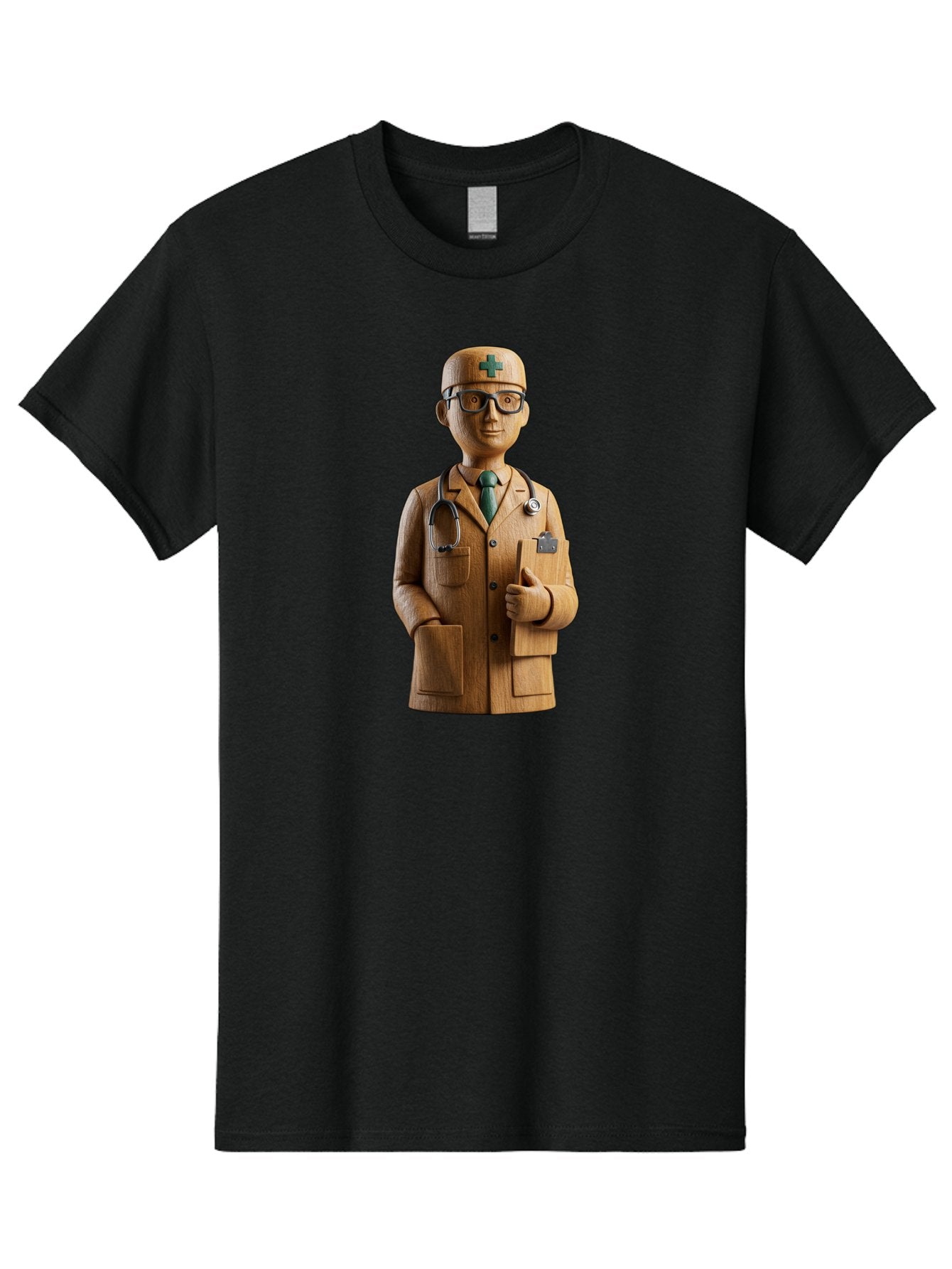 Doctor-Bust Men'S Graphic Tee, 100% Cotton, Comfortable Casual Summer Wear, Machine Washable, Wooden Doctor Figurine, Stethoscope Around Neck, Green Cross On Hat, Medical Professional, Giving A Thumbs Up, Wooden Statue, Doctor Sculpture, Baa466 11