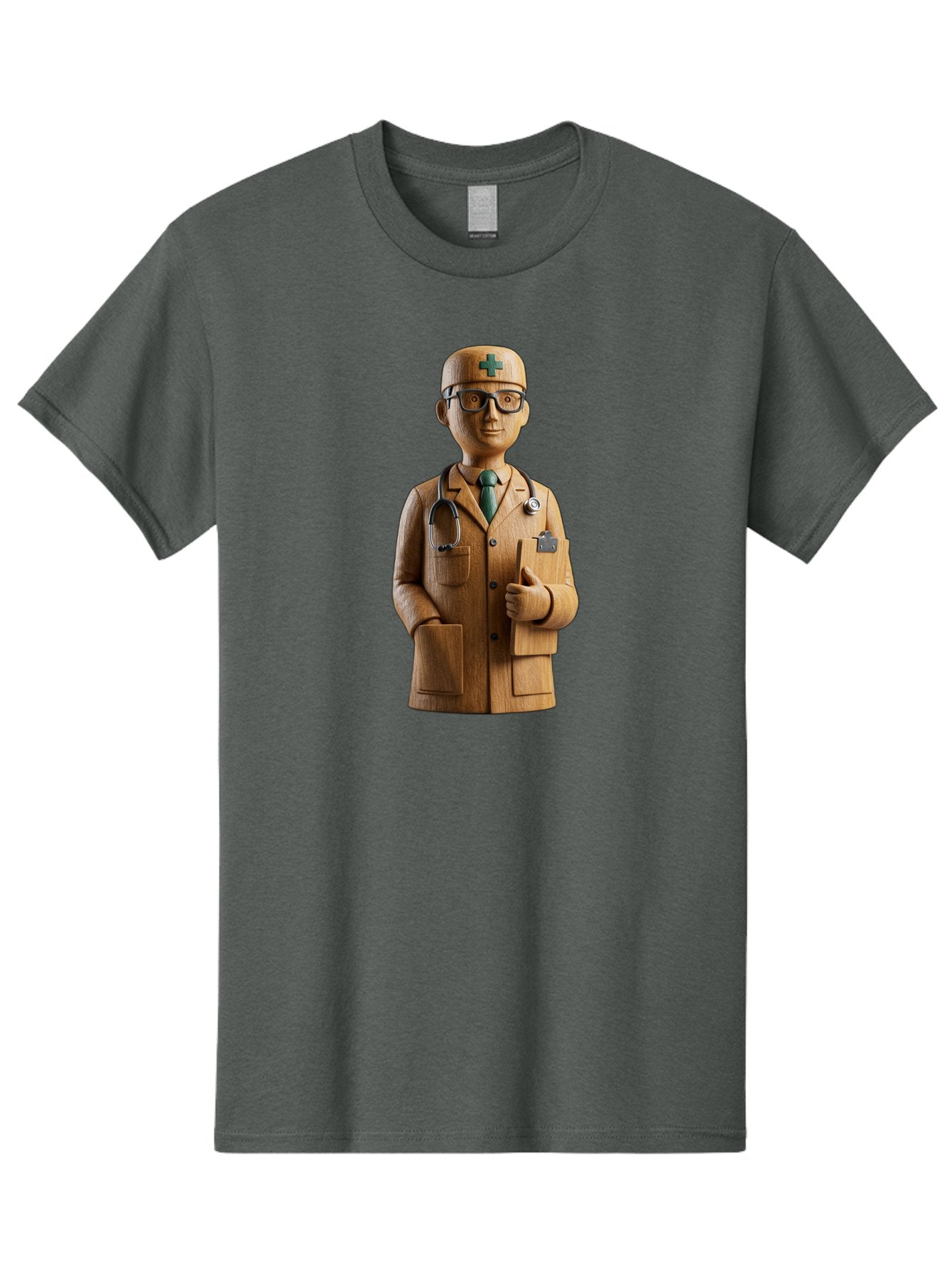 Doctor-Bust Men'S Graphic Tee, 100% Cotton, Comfortable Casual Summer Wear, Machine Washable, Wooden Doctor Figurine, Stethoscope Around Neck, Green Cross On Hat, Medical Professional, Giving A Thumbs Up, Wooden Statue, Doctor Sculpture, Baa466 8