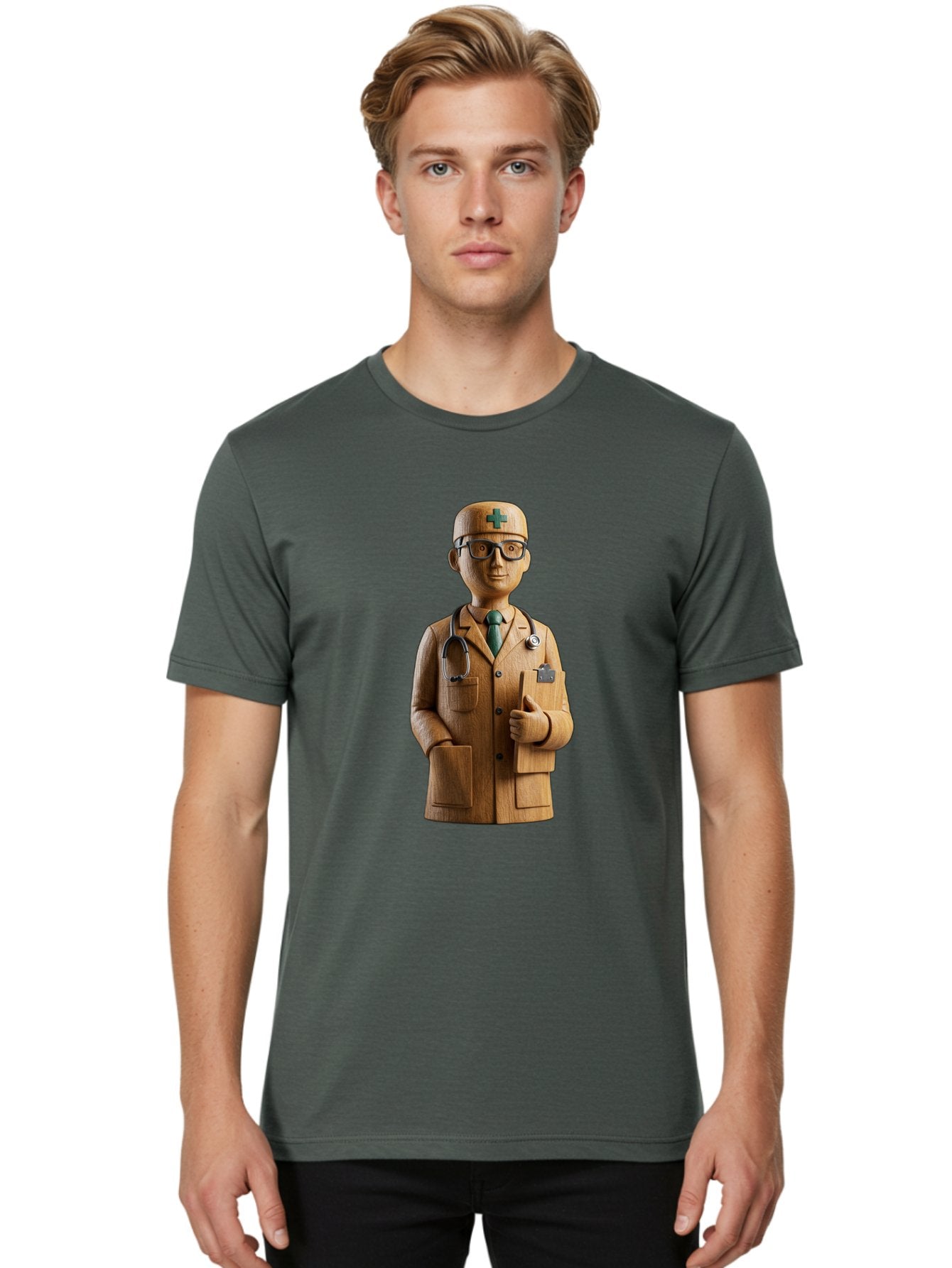 Doctor-Bust Men'S Graphic Tee, 100% Cotton, Comfortable Casual Summer Wear, Machine Washable, Wooden Doctor Figurine, Stethoscope Around Neck, Green Cross On Hat, Medical Professional, Giving A Thumbs Up, Wooden Statue, Doctor Sculpture, Baa466 25