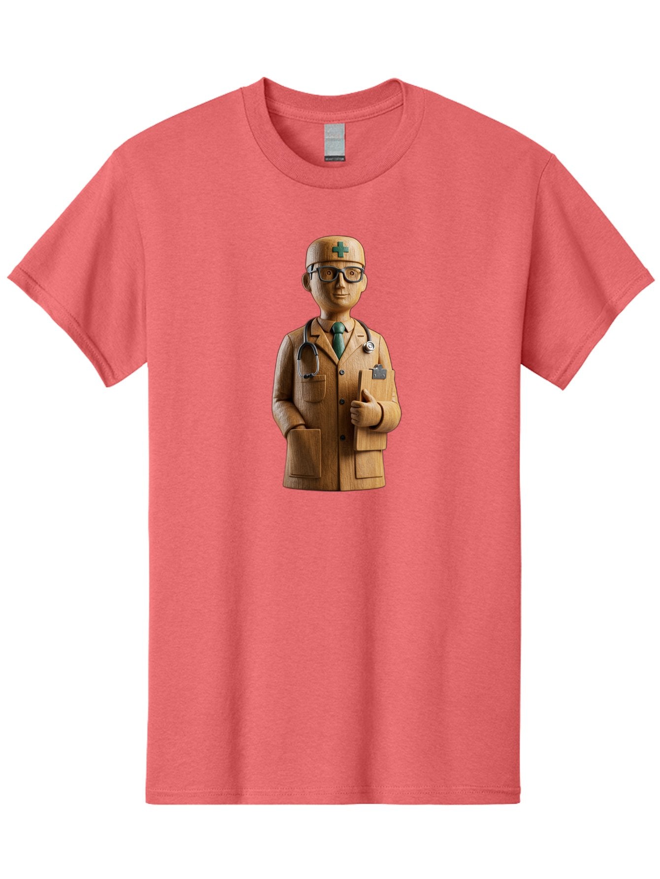 Doctor-Bust Men'S Graphic Tee, 100% Cotton, Comfortable Casual Summer Wear, Machine Washable, Wooden Doctor Figurine, Stethoscope Around Neck, Green Cross On Hat, Medical Professional, Giving A Thumbs Up, Wooden Statue, Doctor Sculpture, Baa466 7