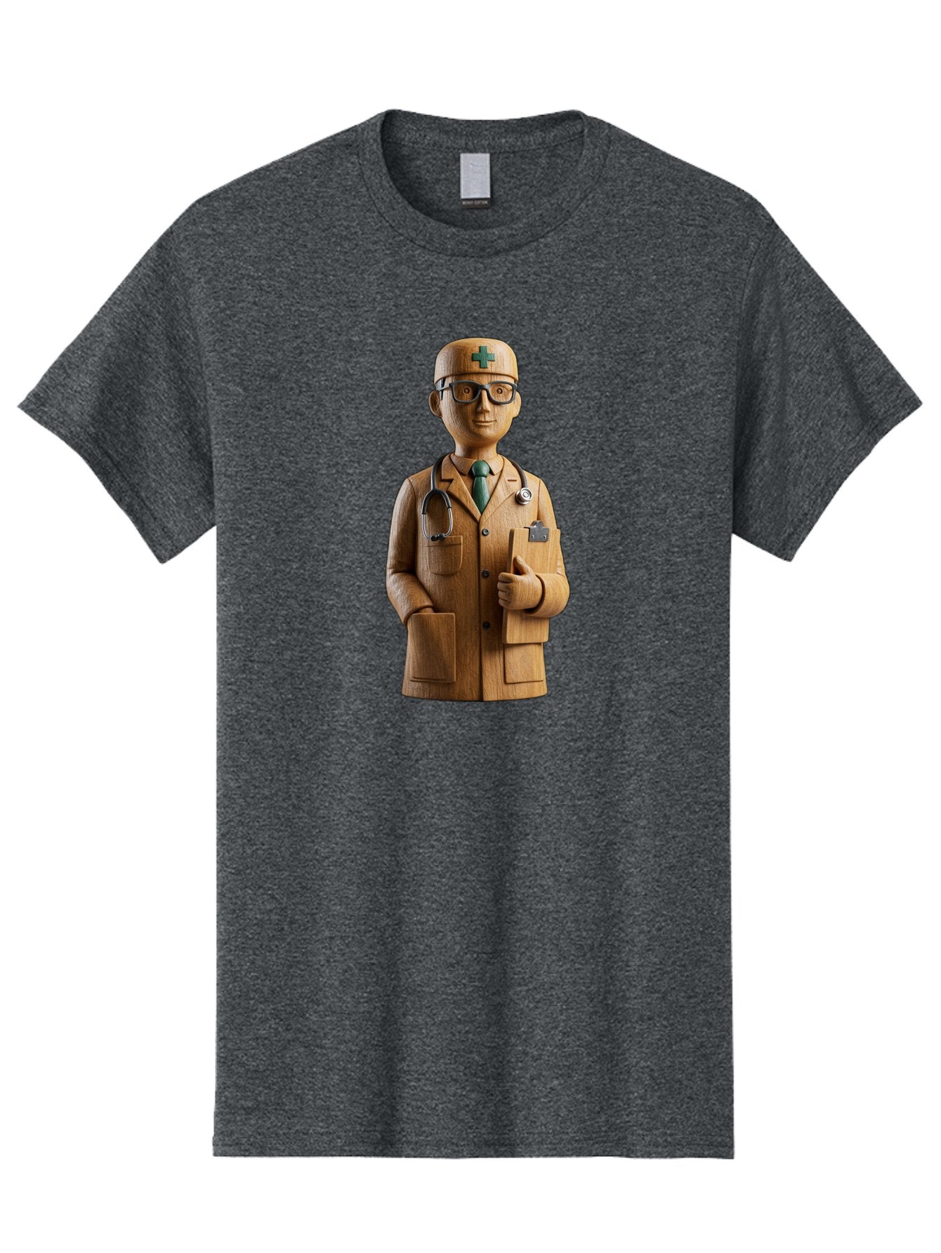 Doctor-Bust Men'S Graphic Tee, 100% Cotton, Comfortable Casual Summer Wear, Machine Washable, Wooden Doctor Figurine, Stethoscope Around Neck, Green Cross On Hat, Medical Professional, Giving A Thumbs Up, Wooden Statue, Doctor Sculpture, Baa466 6