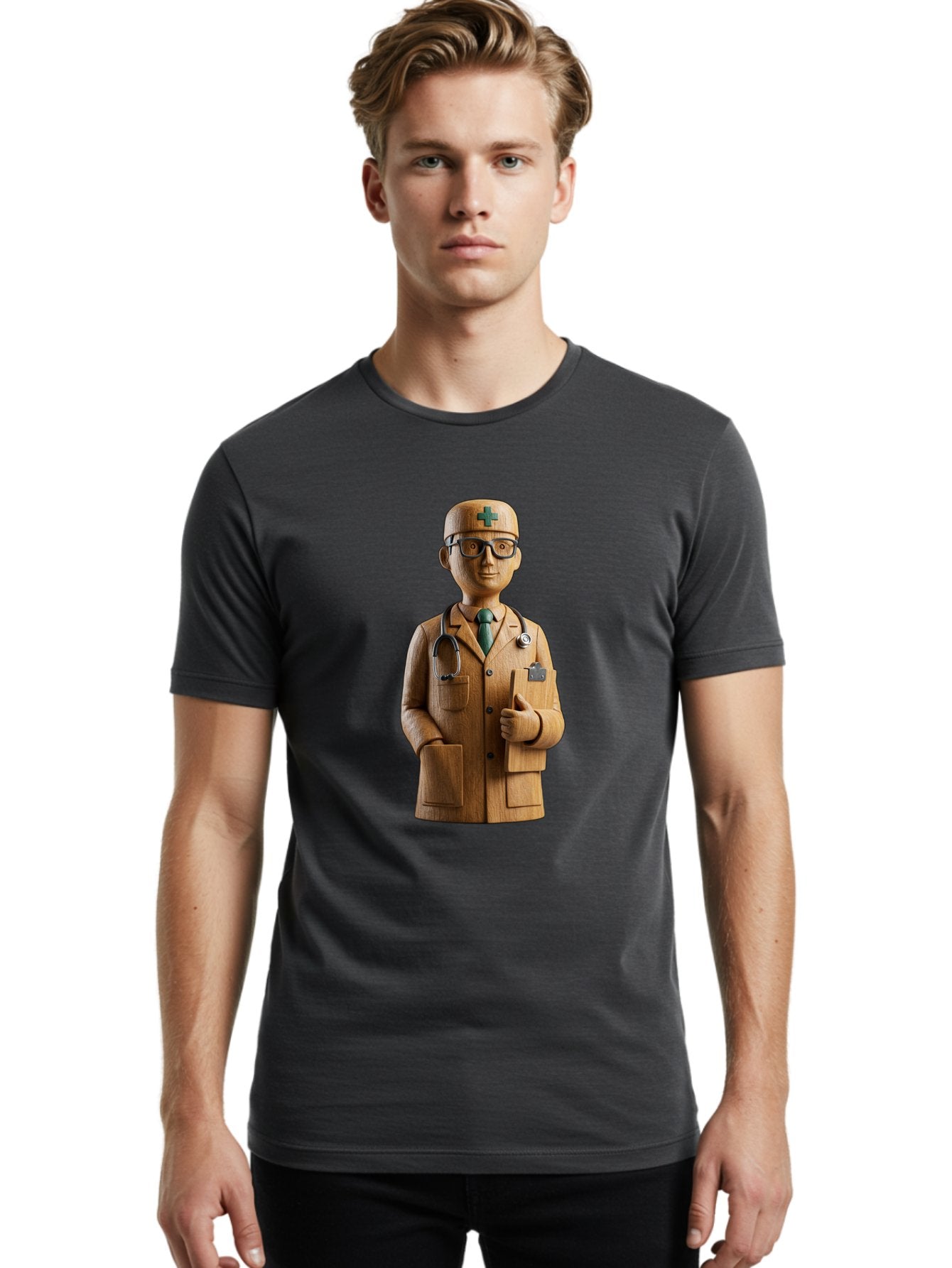 Doctor-Bust Men'S Graphic Tee, 100% Cotton, Comfortable Casual Summer Wear, Machine Washable, Wooden Doctor Figurine, Stethoscope Around Neck, Green Cross On Hat, Medical Professional, Giving A Thumbs Up, Wooden Statue, Doctor Sculpture, Baa466 24