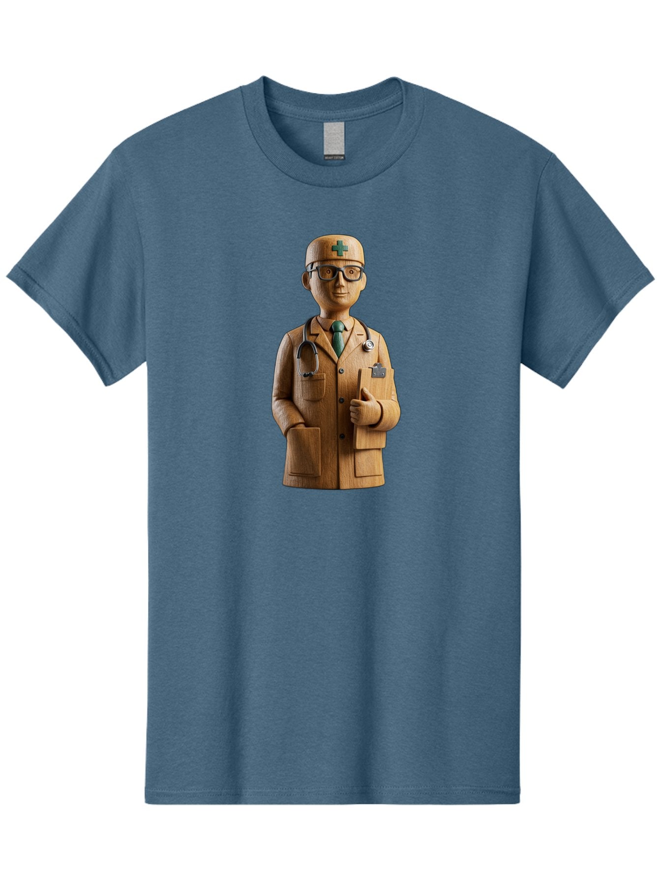 Doctor-Bust Men'S Graphic Tee, 100% Cotton, Comfortable Casual Summer Wear, Machine Washable, Wooden Doctor Figurine, Stethoscope Around Neck, Green Cross On Hat, Medical Professional, Giving A Thumbs Up, Wooden Statue, Doctor Sculpture, Baa466