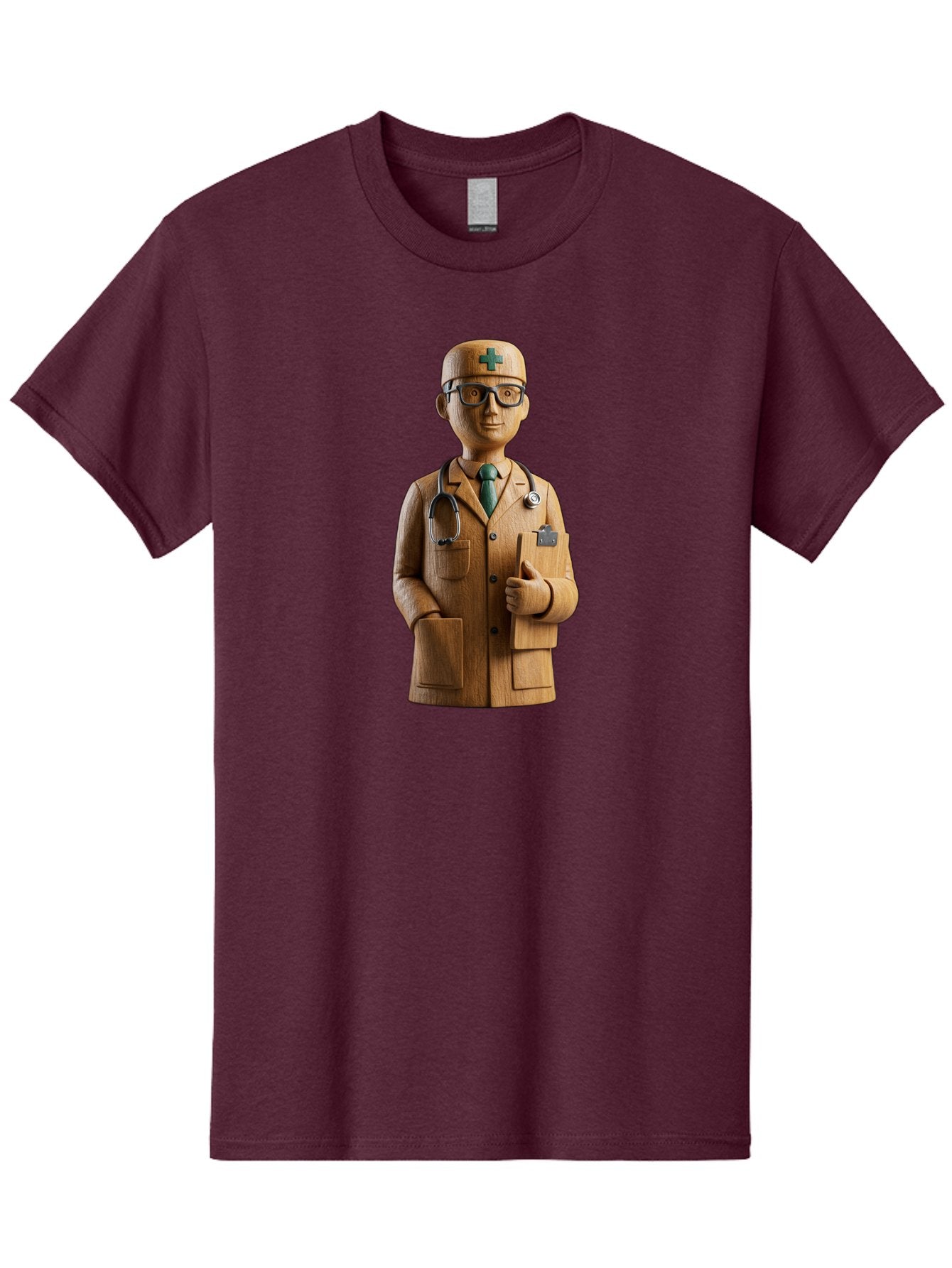 Doctor-Bust Men'S Graphic Tee, 100% Cotton, Comfortable Casual Summer Wear, Machine Washable, Wooden Doctor Figurine, Stethoscope Around Neck, Green Cross On Hat, Medical Professional, Giving A Thumbs Up, Wooden Statue, Doctor Sculpture, Baa466 13