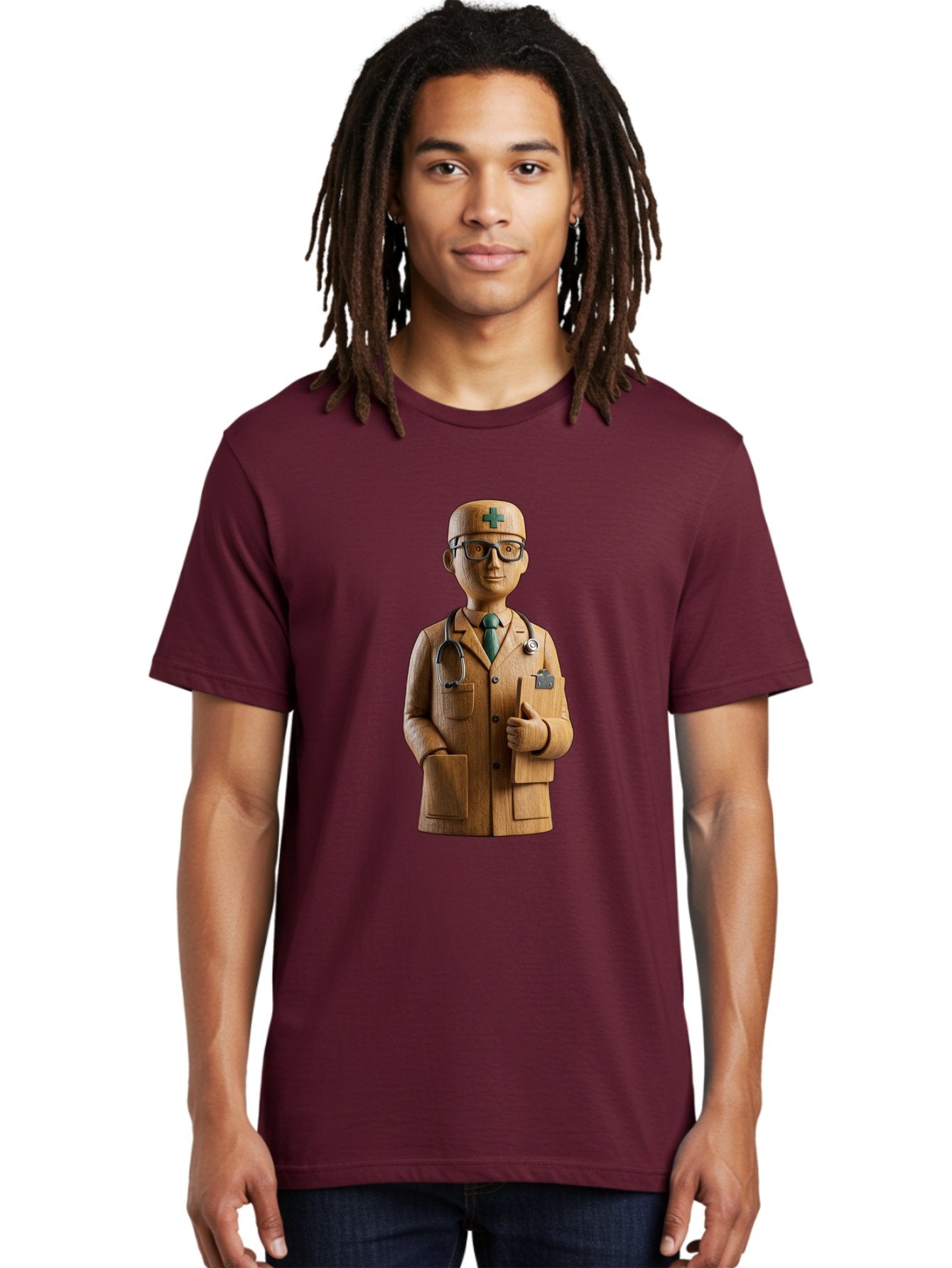 Doctor-Bust Men'S Graphic Tee, 100% Cotton, Comfortable Casual Summer Wear, Machine Washable, Wooden Doctor Figurine, Stethoscope Around Neck, Green Cross On Hat, Medical Professional, Giving A Thumbs Up, Wooden Statue, Doctor Sculpture, Baa466 20