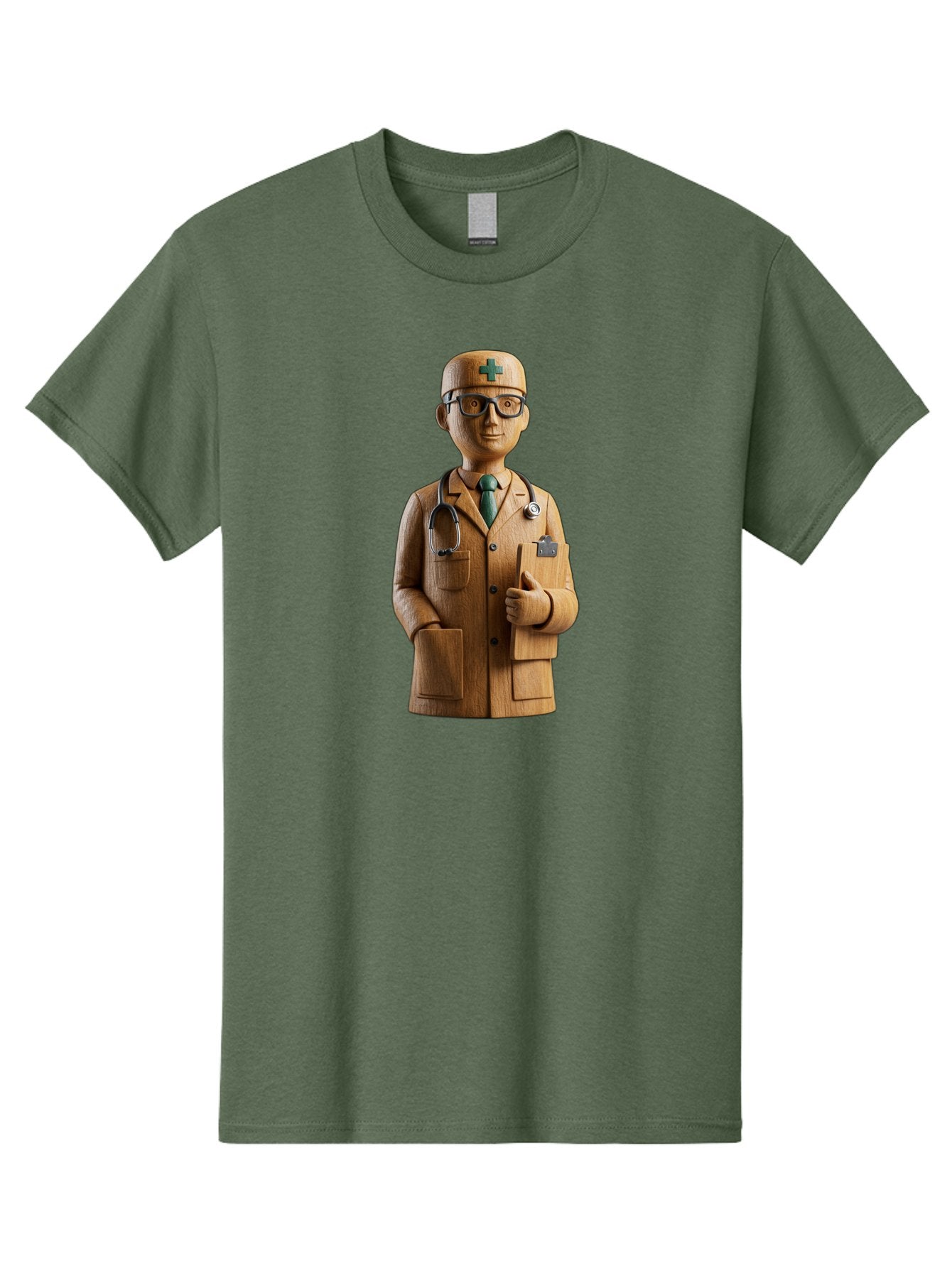 Doctor-Bust Men'S Graphic Tee, 100% Cotton, Comfortable Casual Summer Wear, Machine Washable, Wooden Doctor Figurine, Stethoscope Around Neck, Green Cross On Hat, Medical Professional, Giving A Thumbs Up, Wooden Statue, Doctor Sculpture, Baa466 15