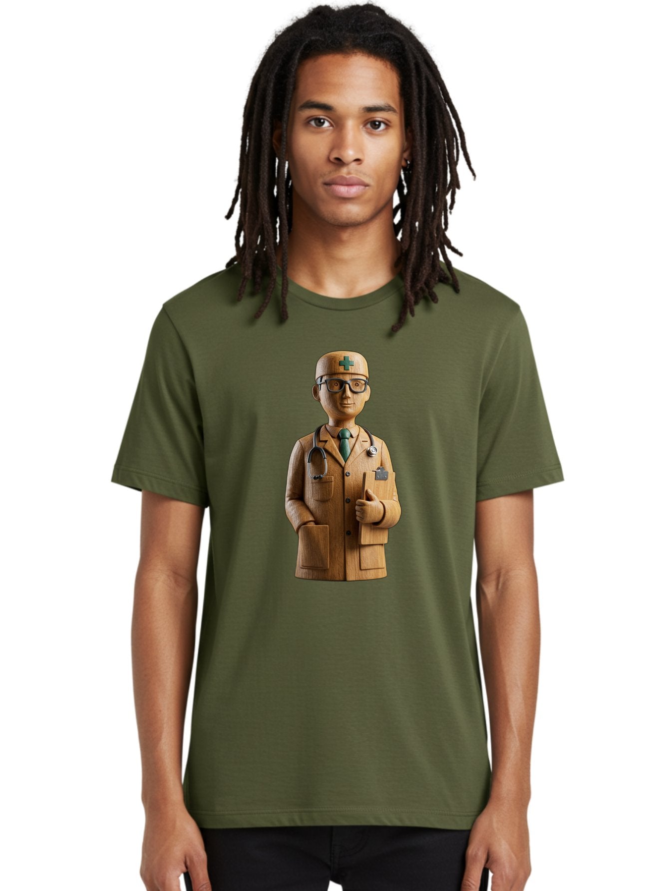 Doctor-Bust Men'S Graphic Tee, 100% Cotton, Comfortable Casual Summer Wear, Machine Washable, Wooden Doctor Figurine, Stethoscope Around Neck, Green Cross On Hat, Medical Professional, Giving A Thumbs Up, Wooden Statue, Doctor Sculpture, Baa466 30