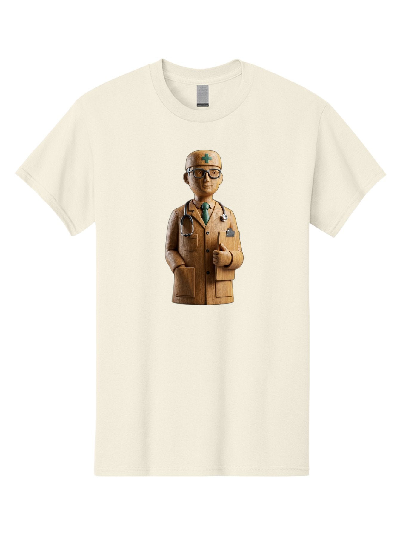 Doctor-Bust Men'S Graphic Tee, 100% Cotton, Comfortable Casual Summer Wear, Machine Washable, Wooden Doctor Figurine, Stethoscope Around Neck, Green Cross On Hat, Medical Professional, Giving A Thumbs Up, Wooden Statue, Doctor Sculpture, Baa466 9
