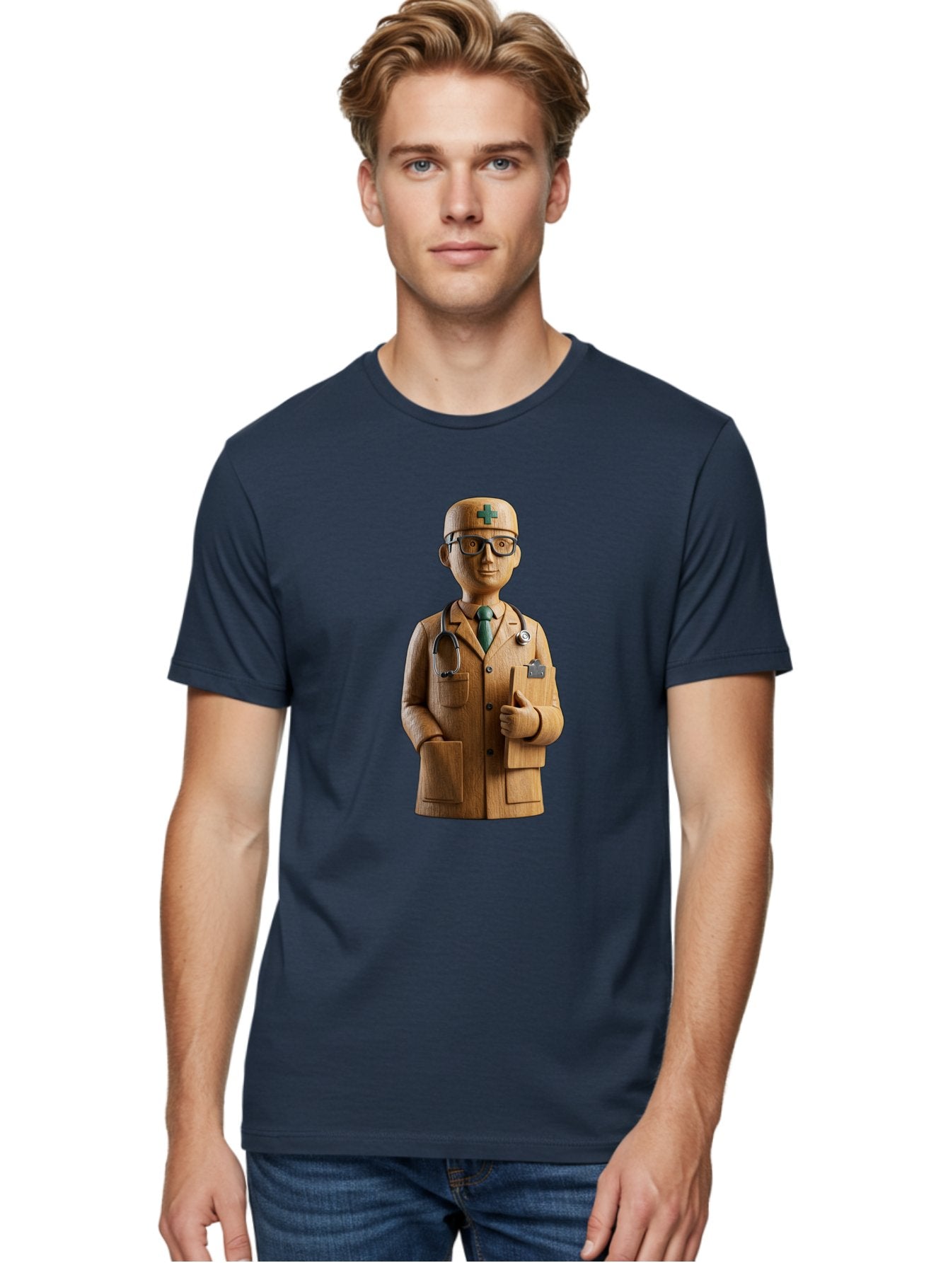 Doctor-Bust Men'S Graphic Tee, 100% Cotton, Comfortable Casual Summer Wear, Machine Washable, Wooden Doctor Figurine, Stethoscope Around Neck, Green Cross On Hat, Medical Professional, Giving A Thumbs Up, Wooden Statue, Doctor Sculpture, Baa466 29