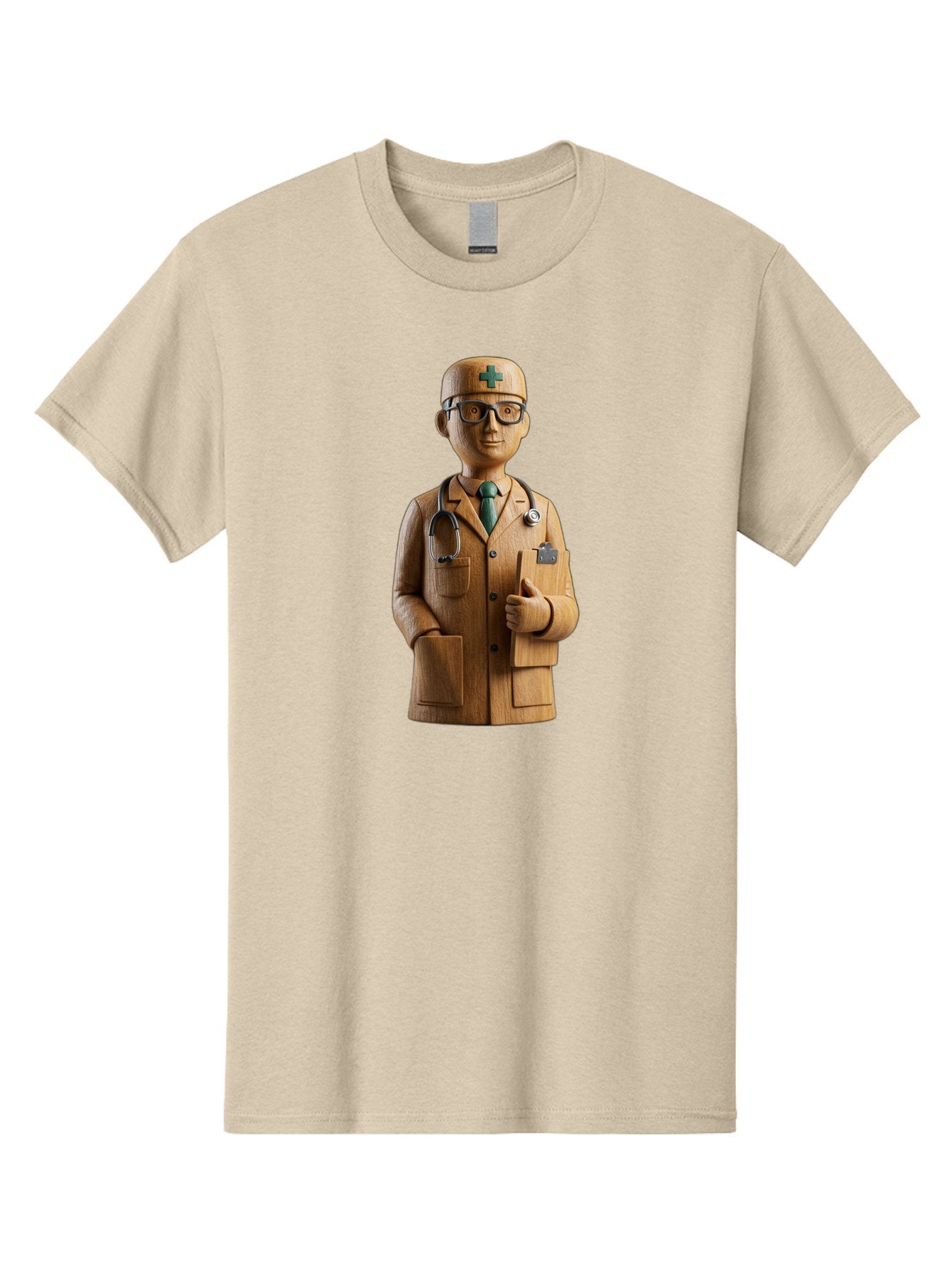 Doctor-Bust Men'S Graphic Tee, 100% Cotton, Comfortable Casual Summer Wear, Machine Washable, Wooden Doctor Figurine, Stethoscope Around Neck, Green Cross On Hat, Medical Professional, Giving A Thumbs Up, Wooden Statue, Doctor Sculpture, Baa466