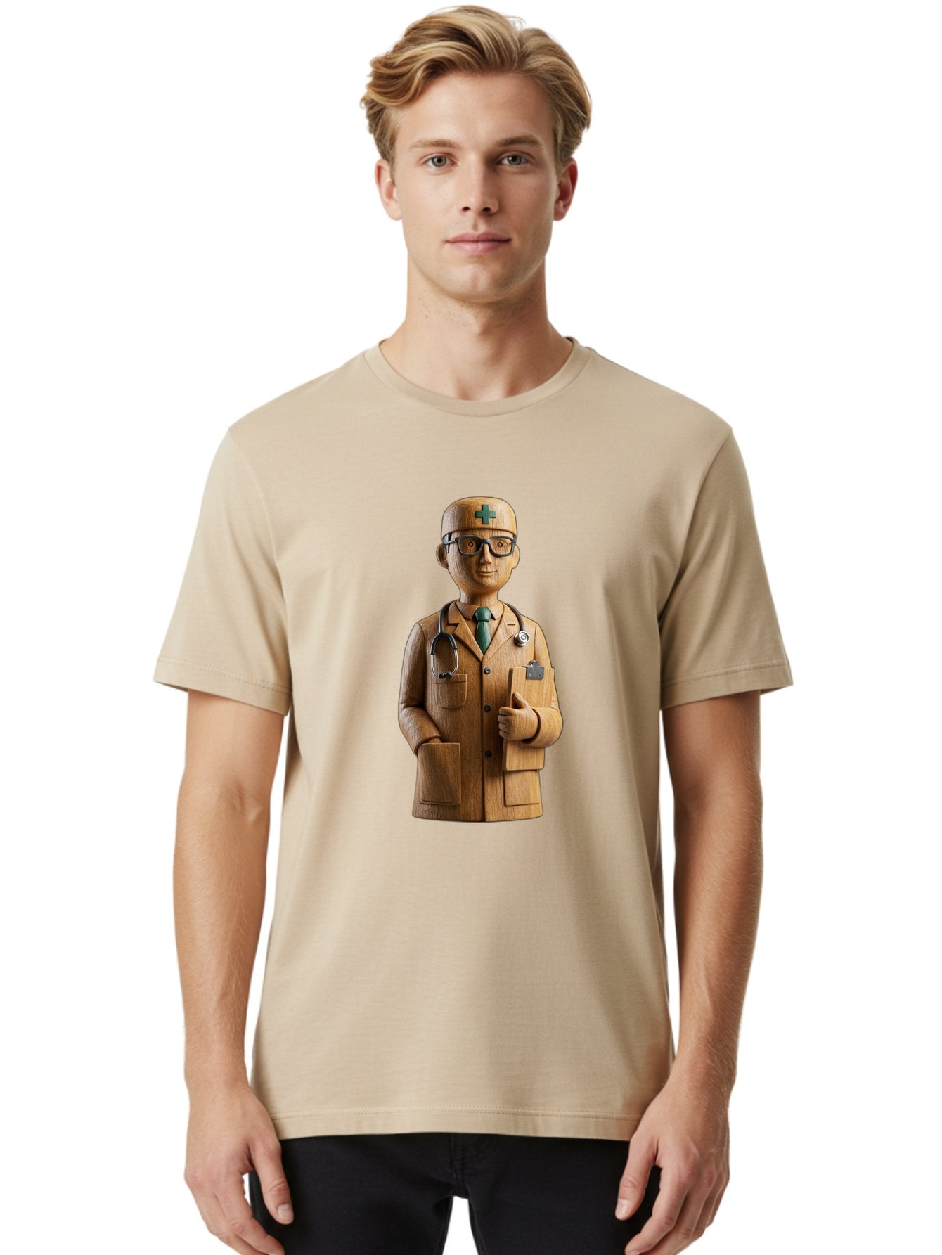 Doctor-Bust Men'S Graphic Tee, 100% Cotton, Comfortable Casual Summer Wear, Machine Washable, Wooden Doctor Figurine, Stethoscope Around Neck, Green Cross On Hat, Medical Professional, Giving A Thumbs Up, Wooden Statue, Doctor Sculpture, Baa466 19
