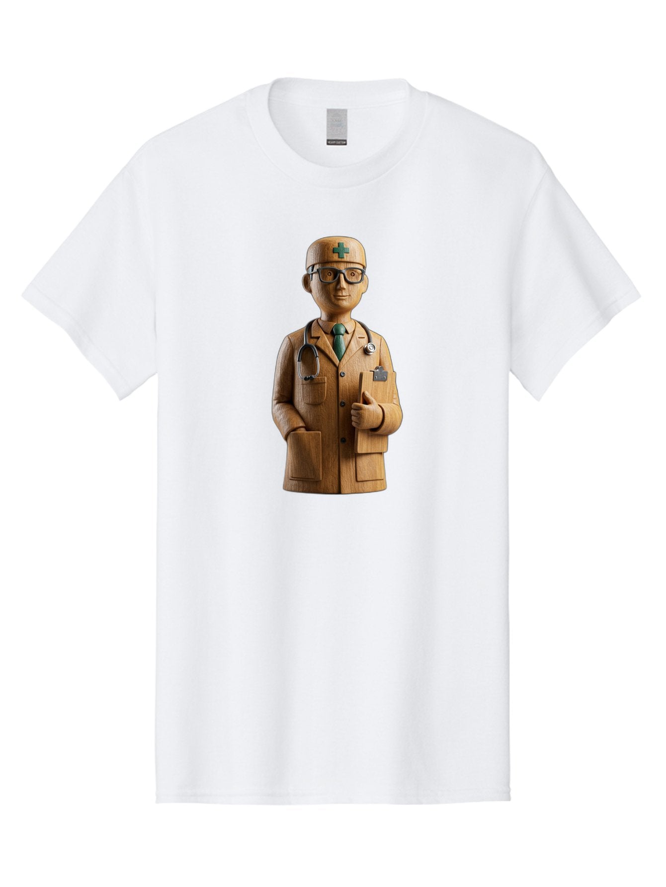 Doctor-Bust Men'S Graphic Tee, 100% Cotton, Comfortable Casual Summer Wear, Machine Washable, Wooden Doctor Figurine, Stethoscope Around Neck, Green Cross On Hat, Medical Professional, Giving A Thumbs Up, Wooden Statue, Doctor Sculpture, Baa466 10