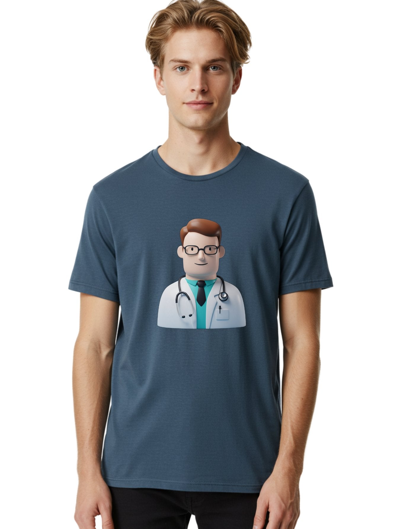 Doctor-Character-1 Men'S Graphic Tee, 100% Cotton, Comfortable Casual Summer Wear, Machine Washable, Male Doctor, White Lab Coat, Stethoscope, Black Tie, Blue Shirt, Friendly Smile, Medical Professional, Healthcare Provider, Doctor Character, Baa468 21