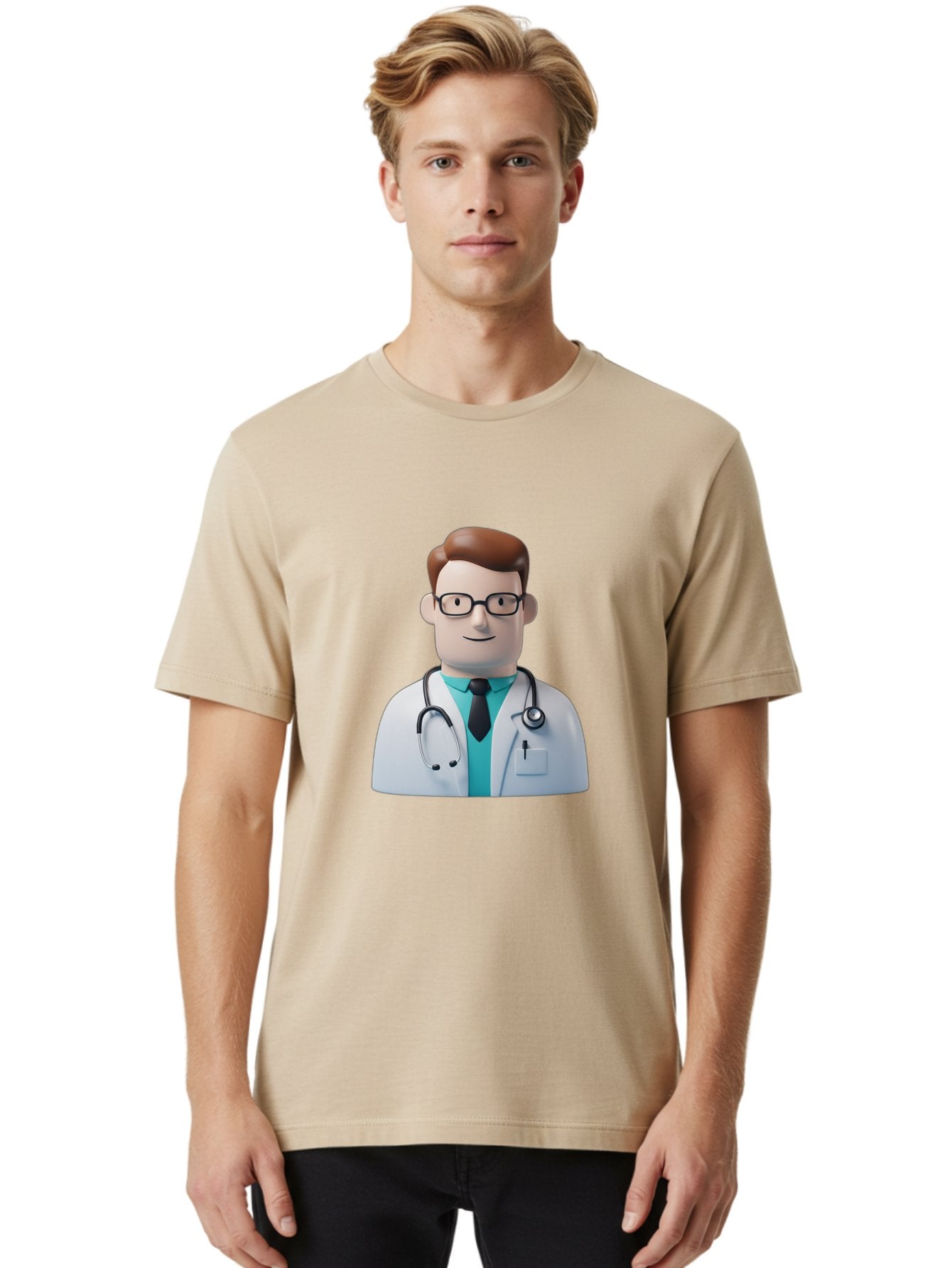 Doctor-Character-1 Men'S Graphic Tee, 100% Cotton, Comfortable Casual Summer Wear, Machine Washable, Male Doctor, White Lab Coat, Stethoscope, Black Tie, Blue Shirt, Friendly Smile, Medical Professional, Healthcare Provider, Doctor Character, Baa468 24
