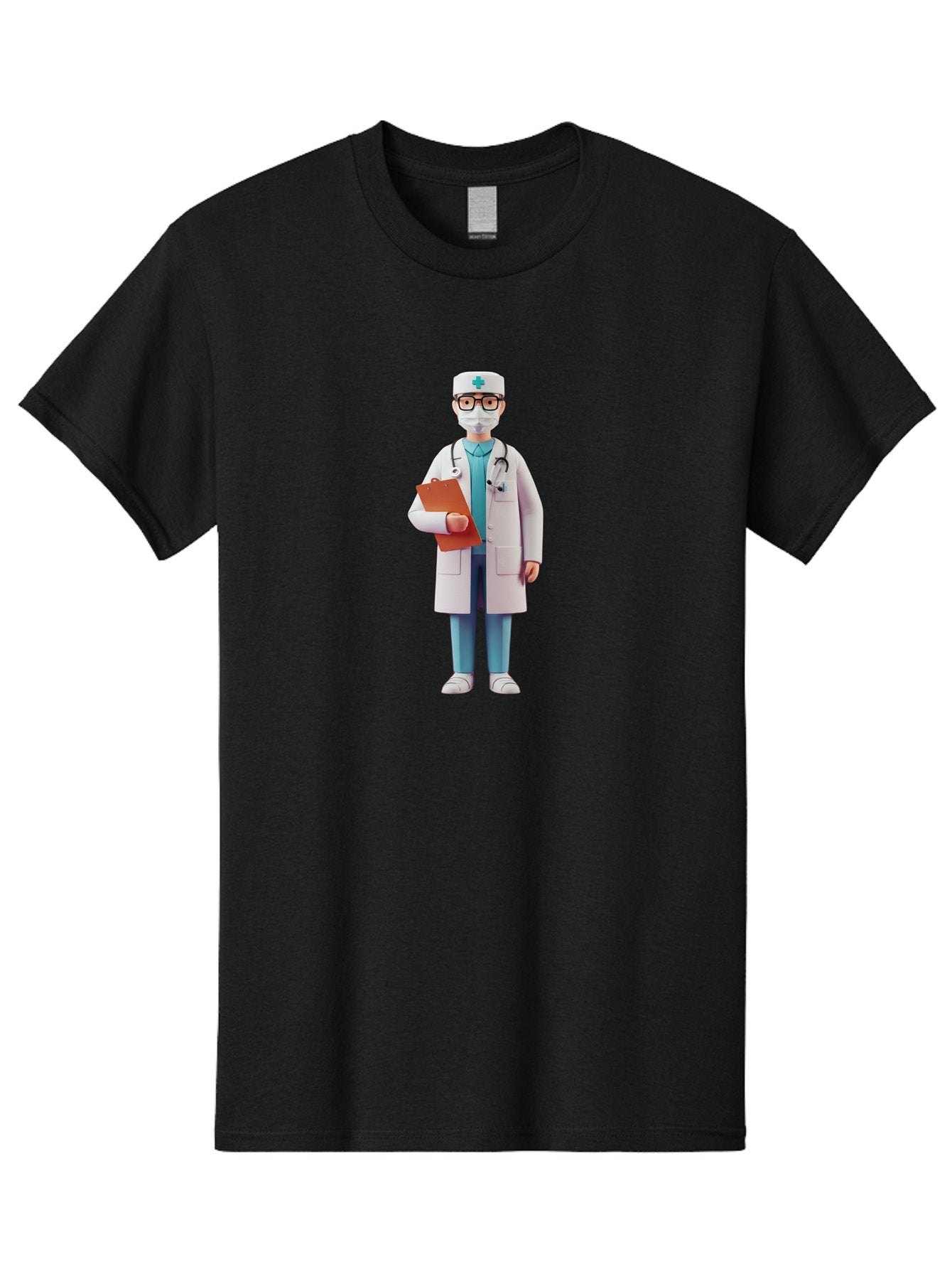 Doctor-Character-3 Men'S Graphic Tee, 100% Cotton, Comfortable Casual Summer Wear, Machine Washable, Male Doctor, Medical Professional, Healthcare Worker, White Lab Coat, Stethoscope, Clipboard, Face Mask, Medical Cap, Blue Scrubs, Baa470 10