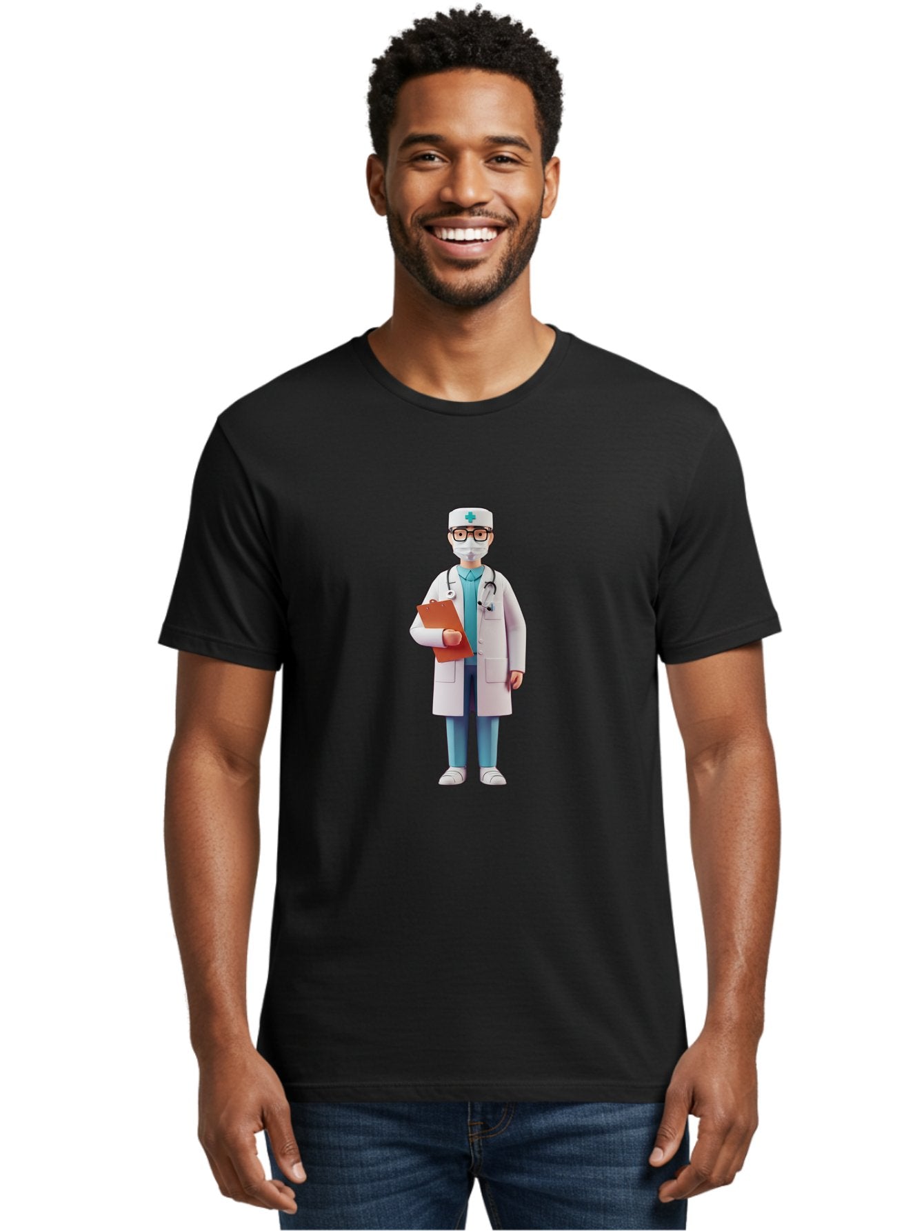 Doctor-Character-3 Men'S Graphic Tee, 100% Cotton, Comfortable Casual Summer Wear, Machine Washable, Male Doctor, Medical Professional, Healthcare Worker, White Lab Coat, Stethoscope, Clipboard, Face Mask, Medical Cap, Blue Scrubs, Baa470 17
