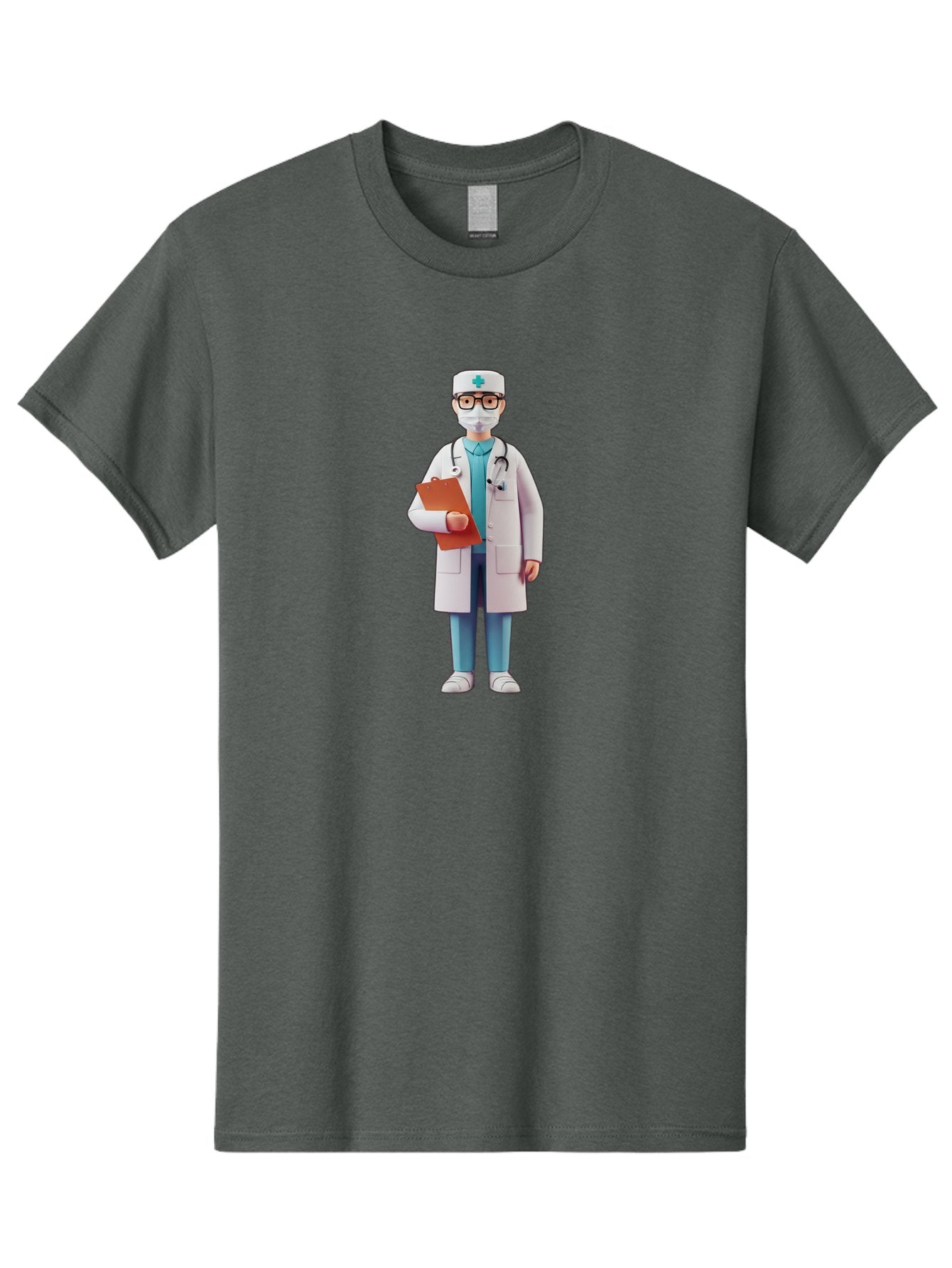 Doctor-Character-3 Men'S Graphic Tee, 100% Cotton, Comfortable Casual Summer Wear, Machine Washable, Male Doctor, Medical Professional, Healthcare Worker, White Lab Coat, Stethoscope, Clipboard, Face Mask, Medical Cap, Blue Scrubs, Baa470 9