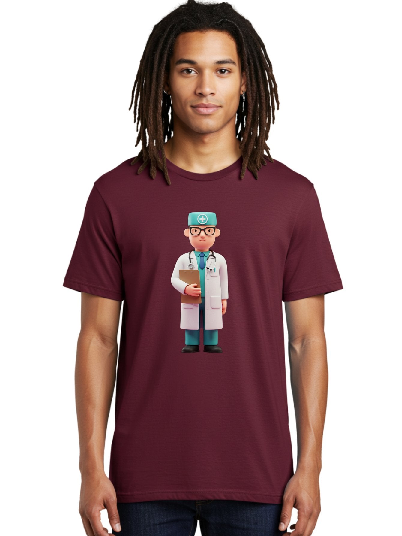 Doctor-Character-4 Men'S Graphic Tee, 100% Cotton, Comfortable Casual Summer Wear, Machine Washable, Cartoon Doctor, Medical Professional, White Coat, Stethoscope, Clipboard, Healthcare Worker, Medical Illustration, 3D Character, Baa471 20