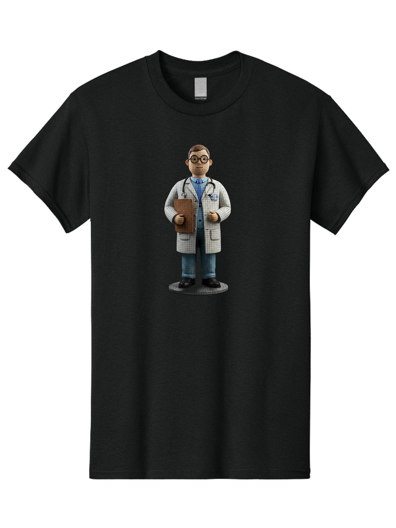 Doctor-Figurine Men'S Graphic Tee, 100% Cotton, Comfortable Casual Summer Wear, Machine Washable, Doctor Figurine, Male Physician, Medical Professional, Stethoscope Around Neck, Clipboard In Hand, White Checkered Lab Coat, Blue Shirt, Jeans, Baa473 5