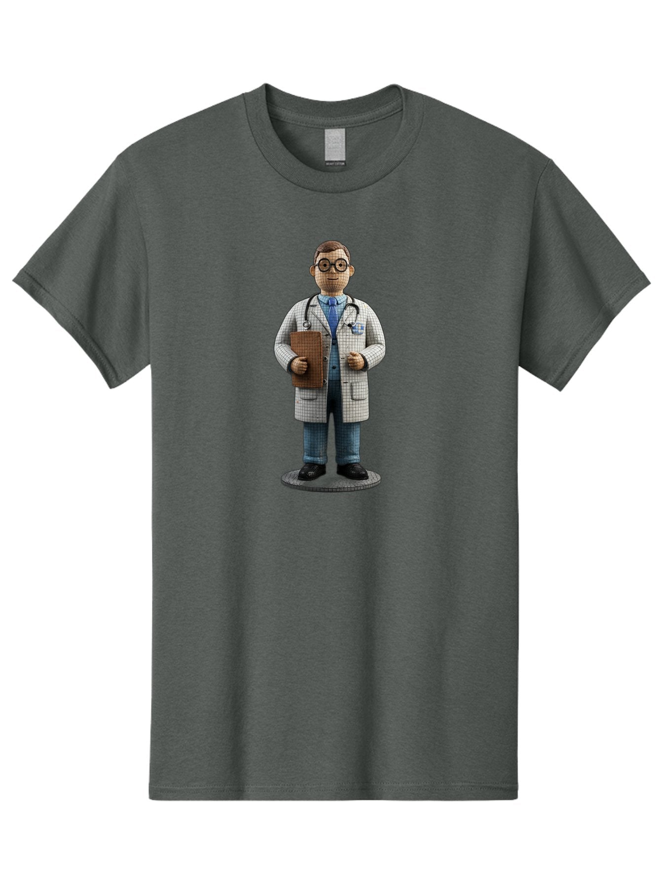 Doctor-Figurine Men'S Graphic Tee, 100% Cotton, Comfortable Casual Summer Wear, Machine Washable, Doctor Figurine, Male Physician, Medical Professional, Stethoscope Around Neck, Clipboard In Hand, White Checkered Lab Coat, Blue Shirt, Jeans, Baa473 15