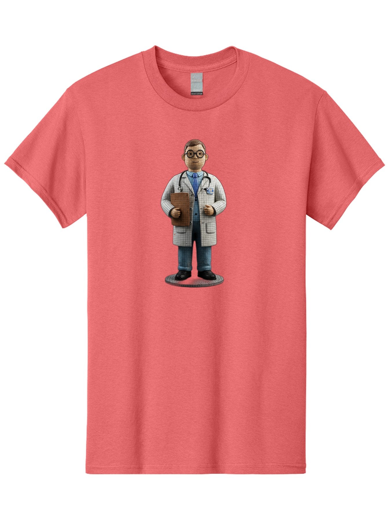 Doctor-Figurine Men'S Graphic Tee, 100% Cotton, Comfortable Casual Summer Wear, Machine Washable, Doctor Figurine, Male Physician, Medical Professional, Stethoscope Around Neck, Clipboard In Hand, White Checkered Lab Coat, Blue Shirt, Jeans, Baa473 3