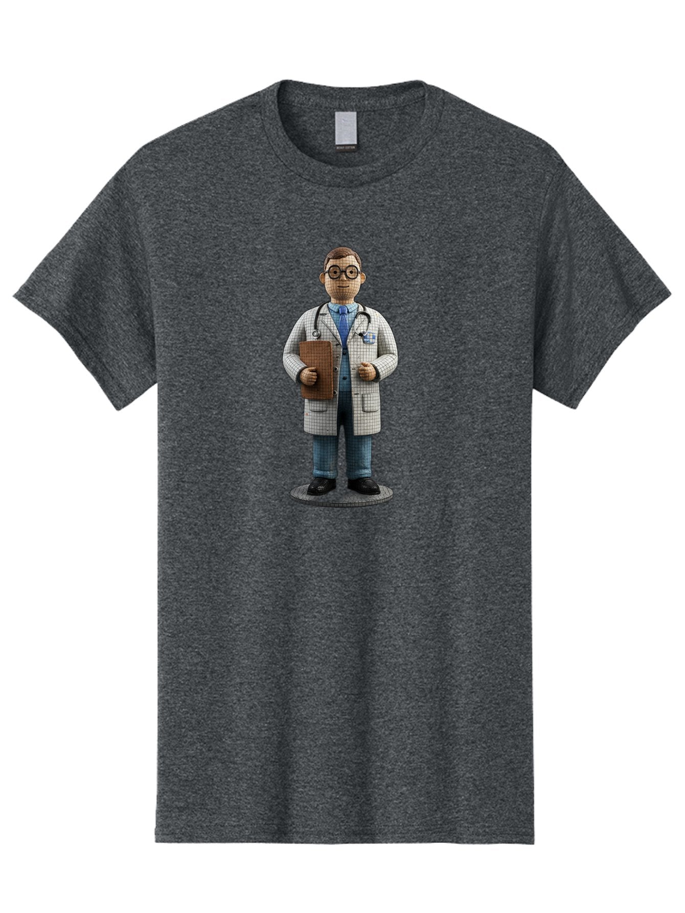 Doctor-Figurine Men'S Graphic Tee, 100% Cotton, Comfortable Casual Summer Wear, Machine Washable, Doctor Figurine, Male Physician, Medical Professional, Stethoscope Around Neck, Clipboard In Hand, White Checkered Lab Coat, Blue Shirt, Jeans, Baa473 12