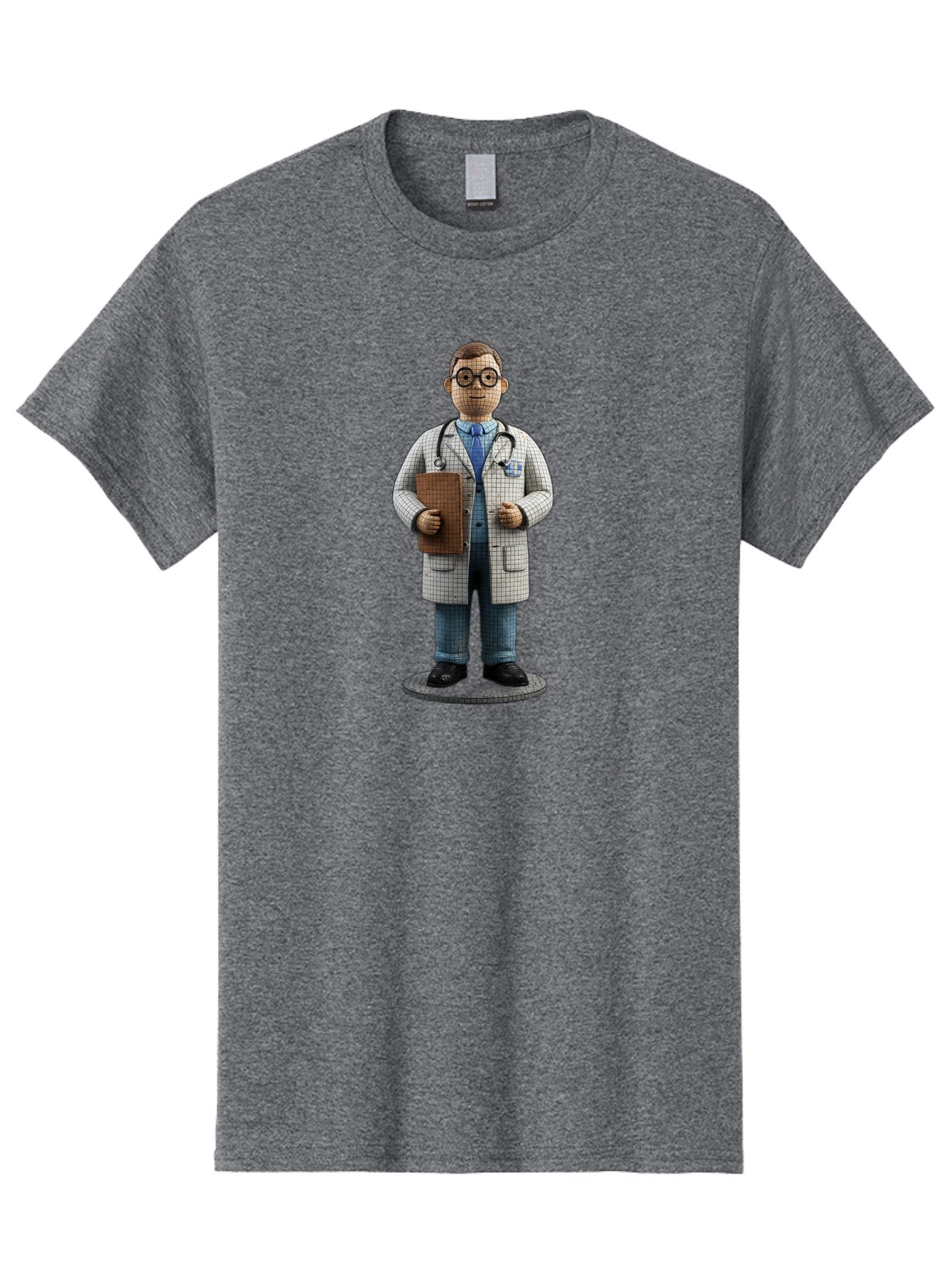 Doctor-Figurine Men'S Graphic Tee, 100% Cotton, Comfortable Casual Summer Wear, Machine Washable, Doctor Figurine, Male Physician, Medical Professional, Stethoscope Around Neck, Clipboard In Hand, White Checkered Lab Coat, Blue Shirt, Jeans, Baa473 9