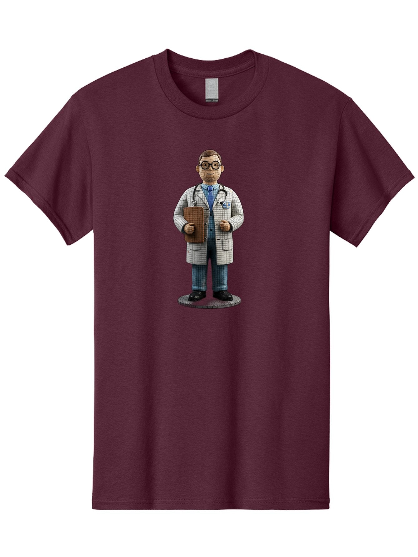 Doctor-Figurine Men'S Graphic Tee, 100% Cotton, Comfortable Casual Summer Wear, Machine Washable, Doctor Figurine, Male Physician, Medical Professional, Stethoscope Around Neck, Clipboard In Hand, White Checkered Lab Coat, Blue Shirt, Jeans, Baa473 7