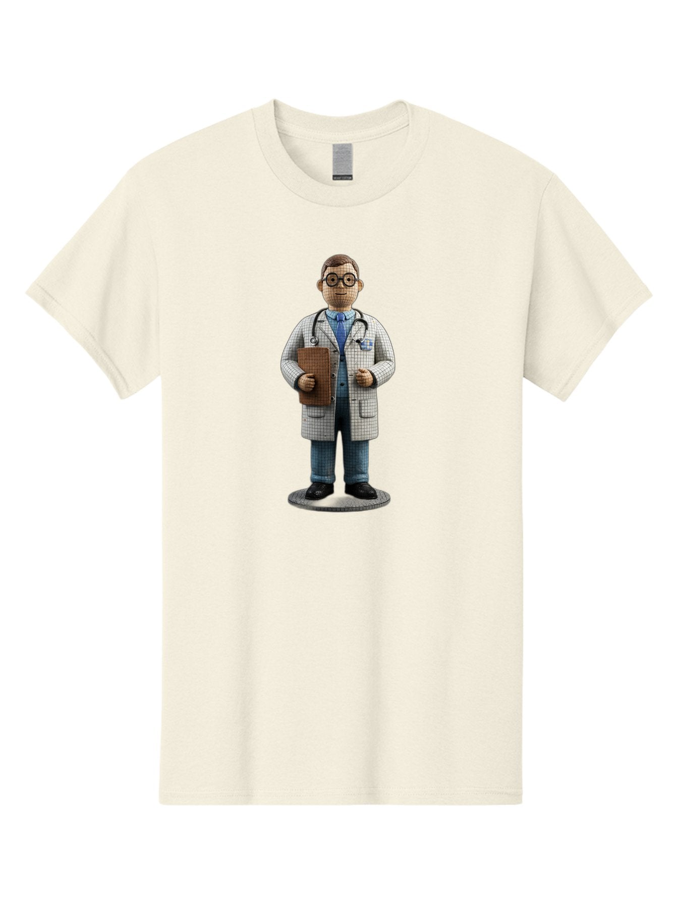 Doctor-Figurine Men'S Graphic Tee, 100% Cotton, Comfortable Casual Summer Wear, Machine Washable, Doctor Figurine, Male Physician, Medical Professional, Stethoscope Around Neck, Clipboard In Hand, White Checkered Lab Coat, Blue Shirt, Jeans, Baa473 11