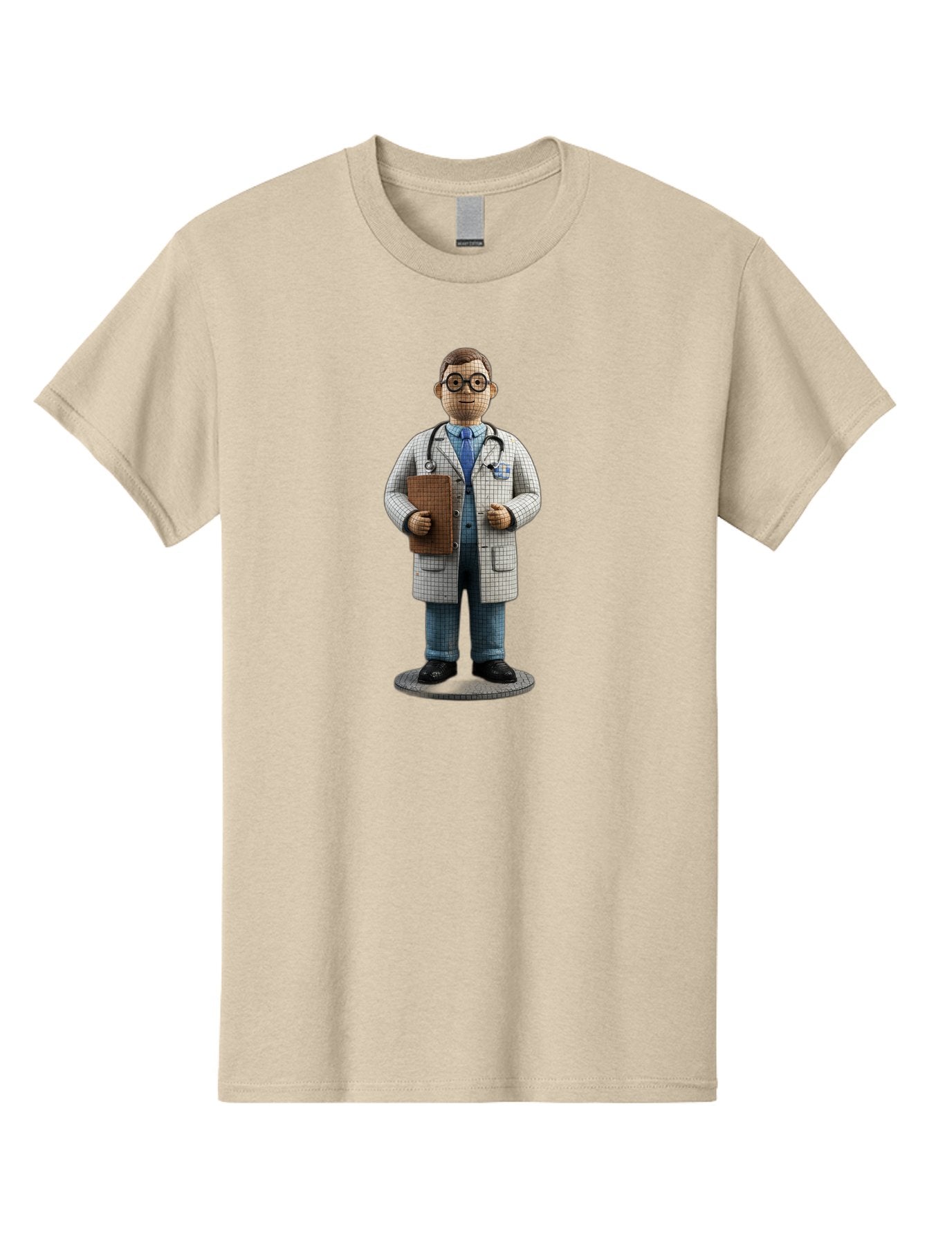 Doctor-Figurine Men'S Graphic Tee, 100% Cotton, Comfortable Casual Summer Wear, Machine Washable, Doctor Figurine, Male Physician, Medical Professional, Stethoscope Around Neck, Clipboard In Hand, White Checkered Lab Coat, Blue Shirt, Jeans, Baa473 8