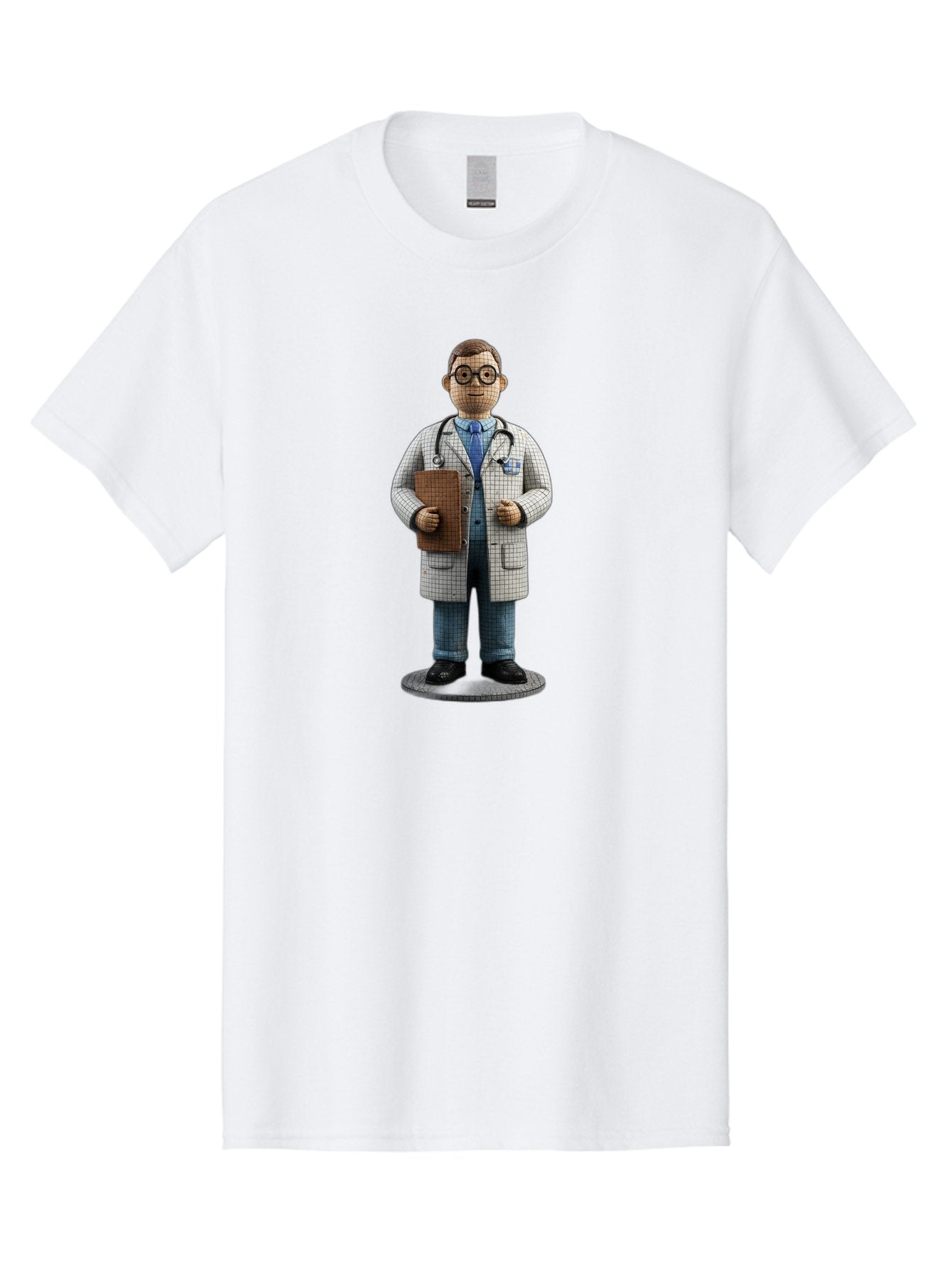 Doctor-Figurine Men'S Graphic Tee, 100% Cotton, Comfortable Casual Summer Wear, Machine Washable, Doctor Figurine, Male Physician, Medical Professional, Stethoscope Around Neck, Clipboard In Hand, White Checkered Lab Coat, Blue Shirt, Jeans, Baa473