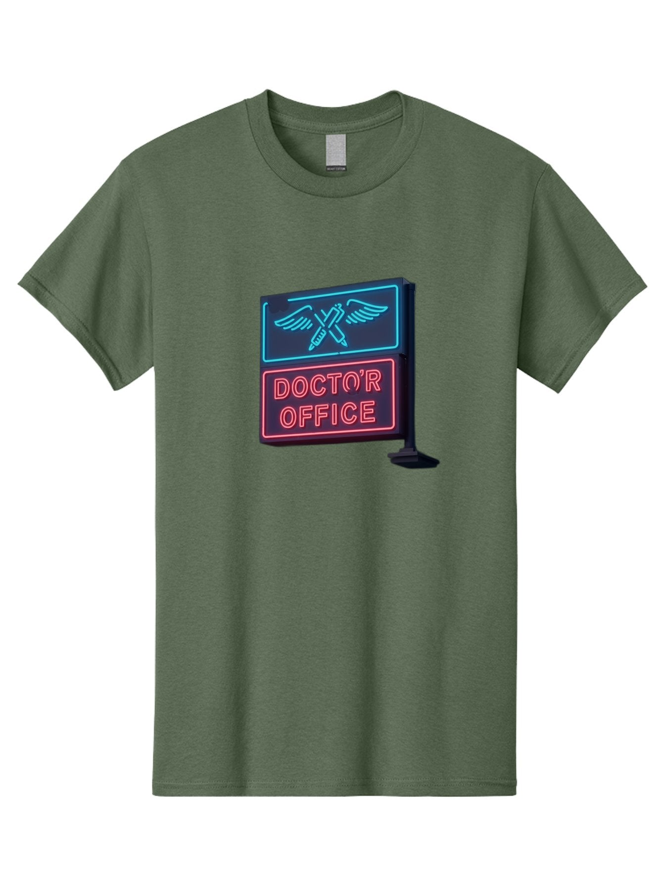 Doctor-S-Office-Neon-Sign Men'S Graphic Tee, 100% Cotton, Comfortable Casual Summer Wear, Machine Washable, Neon Sign, Doctor'S Office Sign, Medical Symbol, Crossed Syringes, Winged Design, Clinic Signage, Medical Office Decor, Baa481