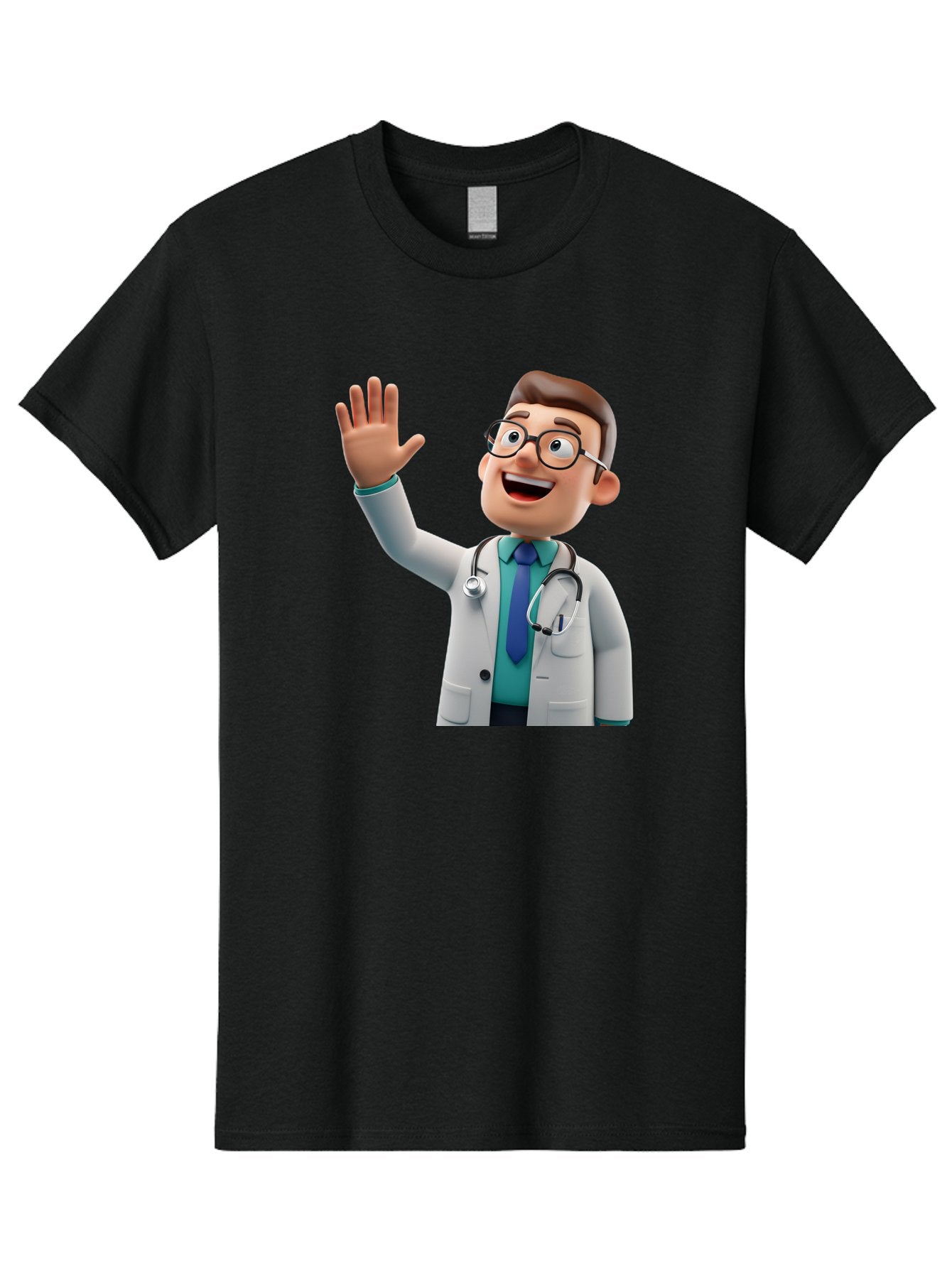 Doctor-Waving-1 Men'S Graphic Tee, 100% Cotton, Comfortable Casual Summer Wear, Machine Washable, Cartoon Doctor, Waving Hand, Friendly Gesture, Medical Professional, Stethoscope Around Neck, White Lab Coat, Blue Tie, Smiling Face, Baa484 15