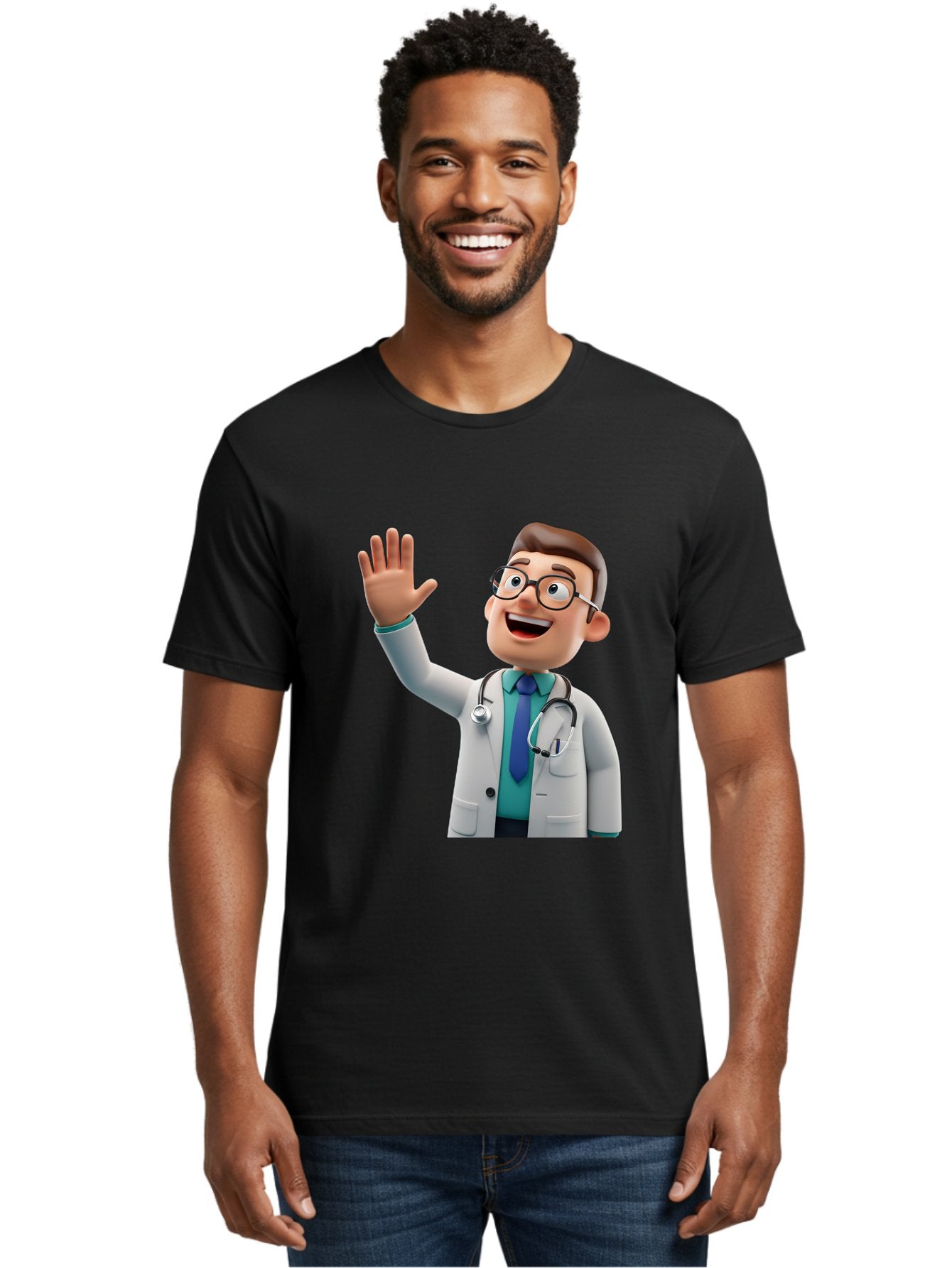 Doctor-Waving-1 Men'S Graphic Tee, 100% Cotton, Comfortable Casual Summer Wear, Machine Washable, Cartoon Doctor, Waving Hand, Friendly Gesture, Medical Professional, Stethoscope Around Neck, White Lab Coat, Blue Tie, Smiling Face, Baa484 30