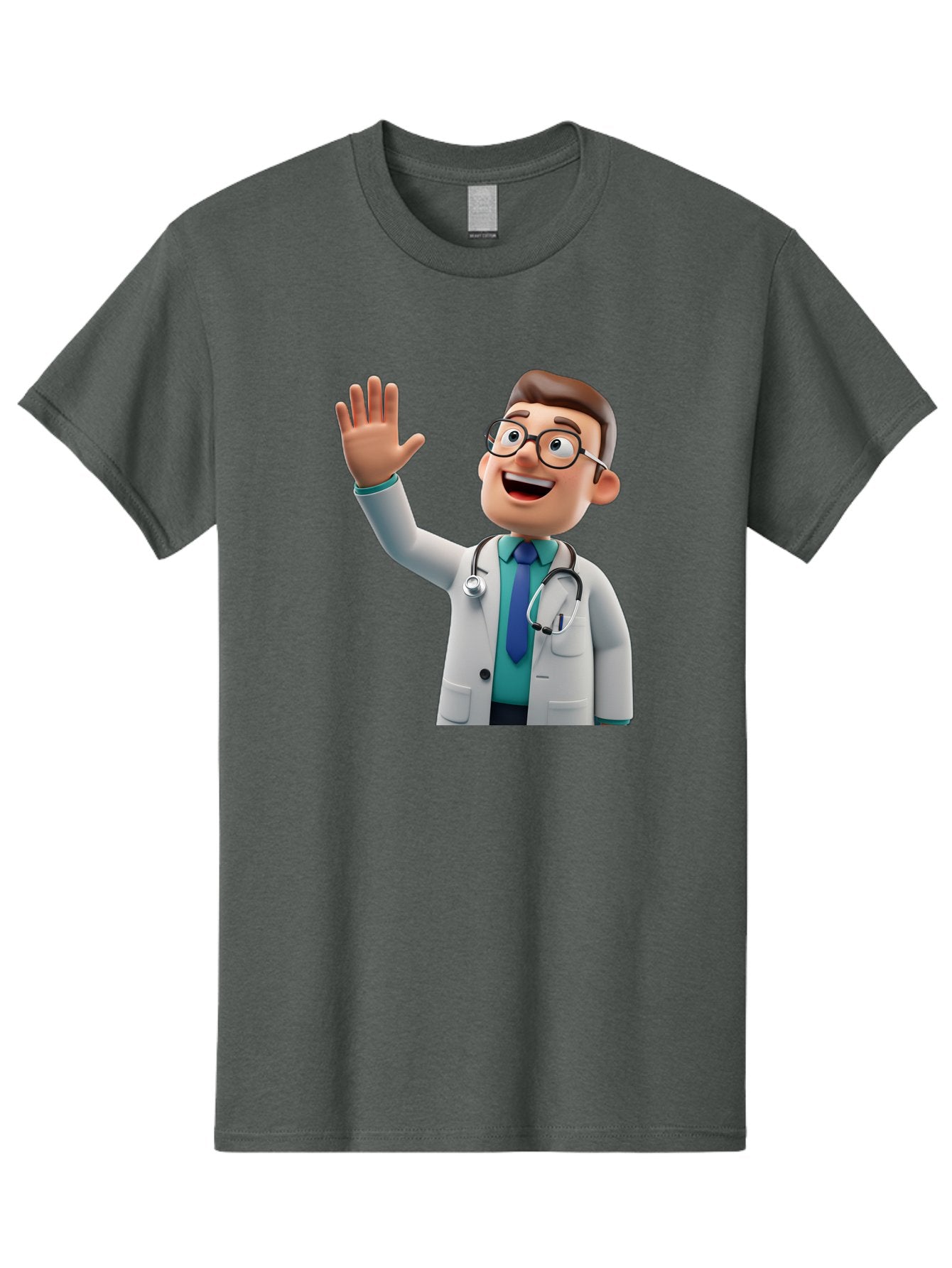Doctor-Waving-1 Men'S Graphic Tee, 100% Cotton, Comfortable Casual Summer Wear, Machine Washable, Cartoon Doctor, Waving Hand, Friendly Gesture, Medical Professional, Stethoscope Around Neck, White Lab Coat, Blue Tie, Smiling Face, Baa484 5