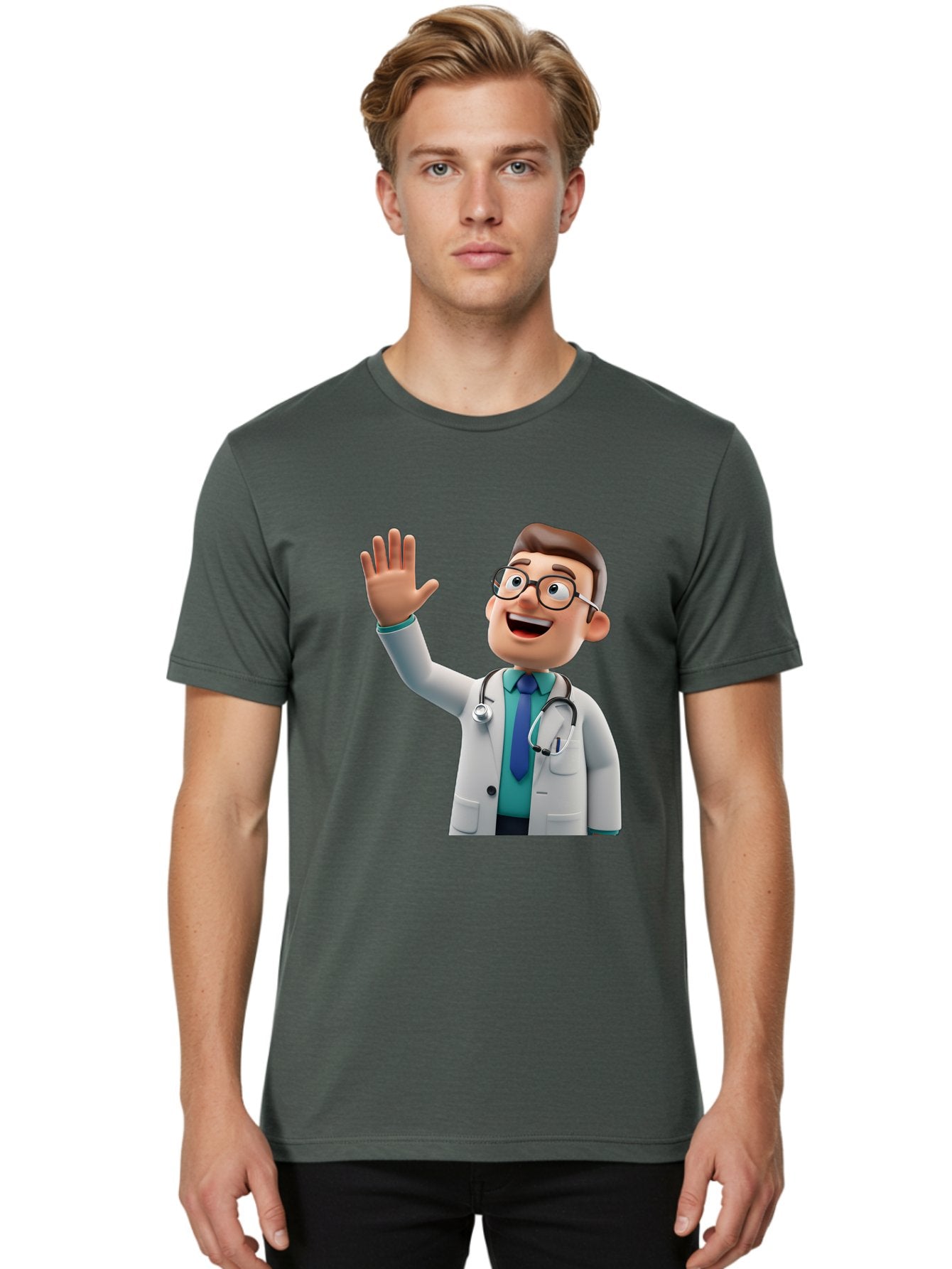 Doctor-Waving-1 Men'S Graphic Tee, 100% Cotton, Comfortable Casual Summer Wear, Machine Washable, Cartoon Doctor, Waving Hand, Friendly Gesture, Medical Professional, Stethoscope Around Neck, White Lab Coat, Blue Tie, Smiling Face, Baa484 23