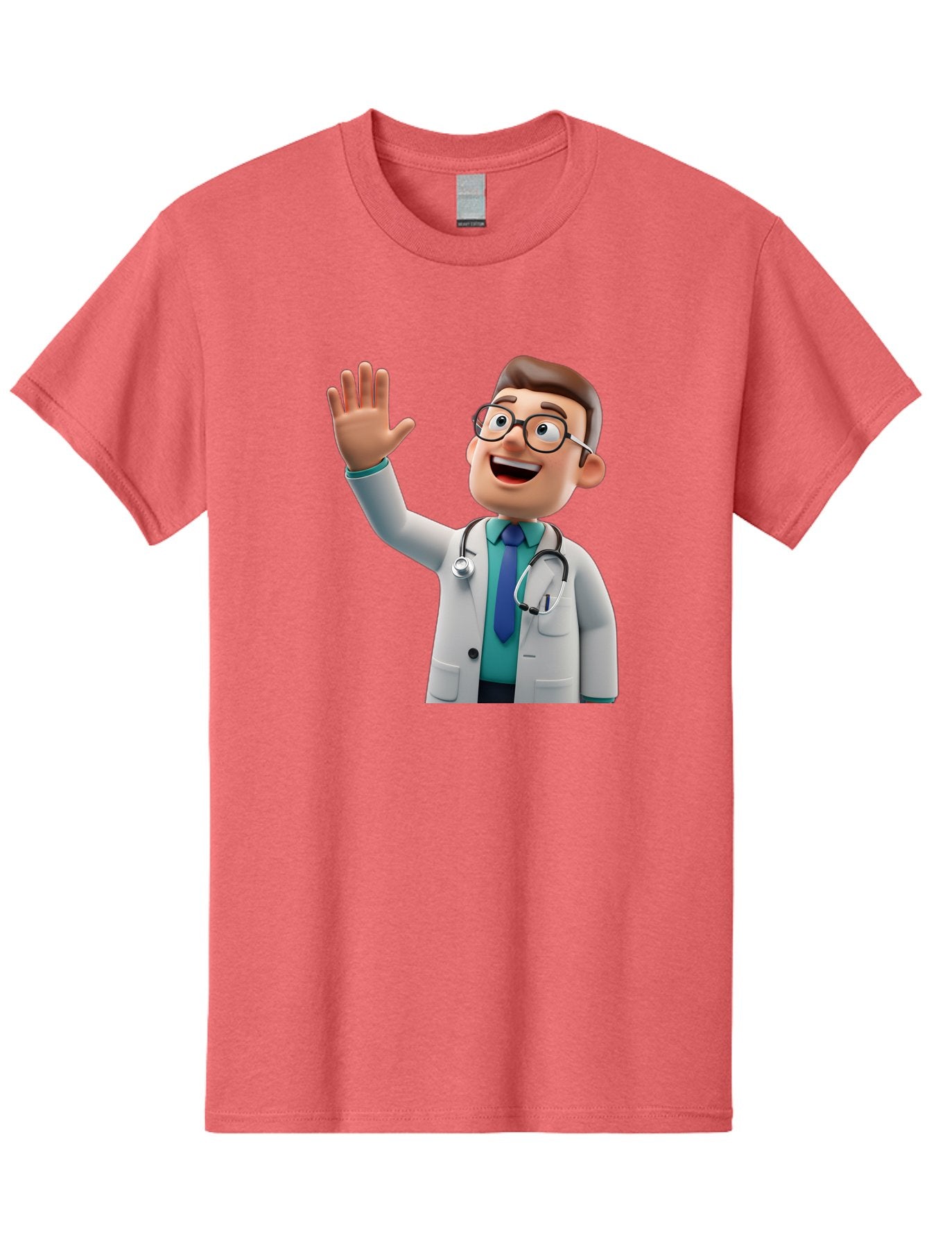 Doctor-Waving-1 Men'S Graphic Tee, 100% Cotton, Comfortable Casual Summer Wear, Machine Washable, Cartoon Doctor, Waving Hand, Friendly Gesture, Medical Professional, Stethoscope Around Neck, White Lab Coat, Blue Tie, Smiling Face, Baa484 6