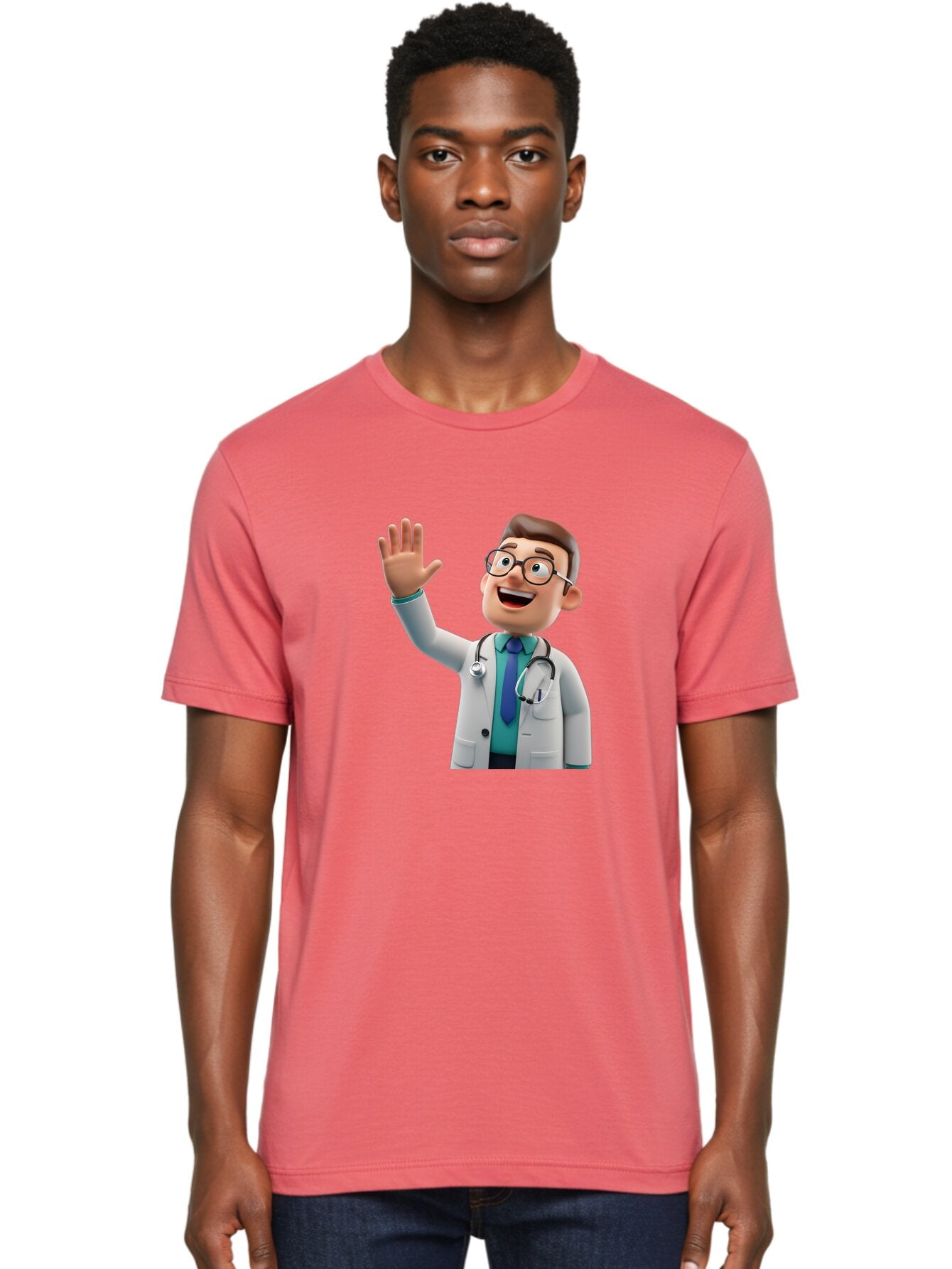 Doctor-Waving-1 Men'S Graphic Tee, 100% Cotton, Comfortable Casual Summer Wear, Machine Washable, Cartoon Doctor, Waving Hand, Friendly Gesture, Medical Professional, Stethoscope Around Neck, White Lab Coat, Blue Tie, Smiling Face, Baa484 24